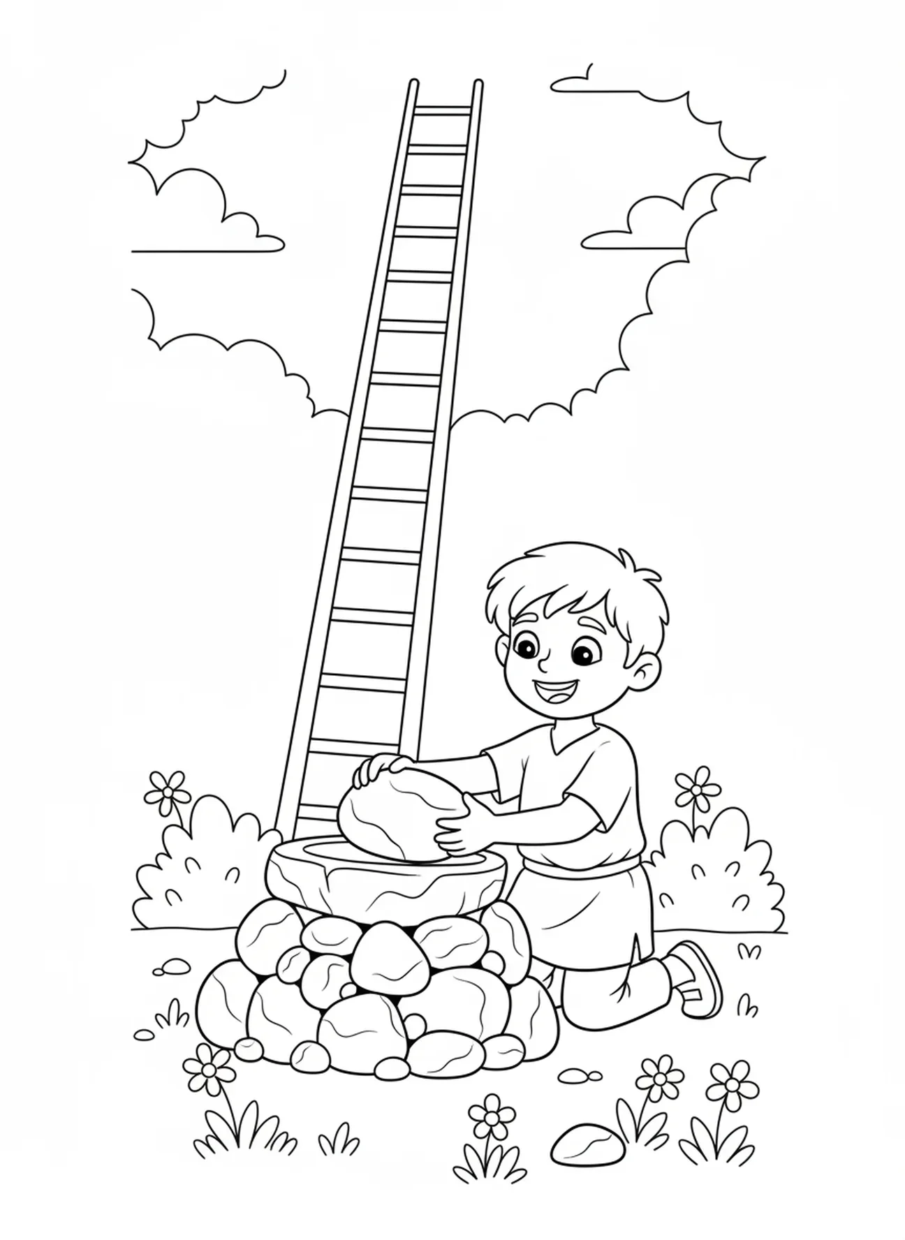 Jacó construindo um altar, página para colorir de Jacó e Esaú, A Escada de Jacó para crianças de 5 a 10 anos.