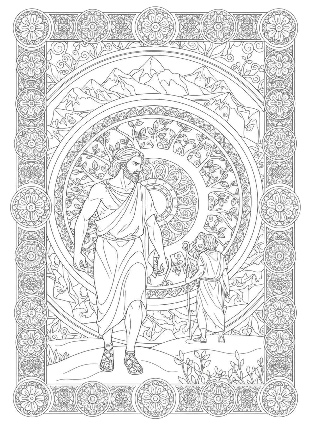 Esaú voltando para casa com determinação, página para colorir de Jacó e Esaú no estilo de journaling bíblico para adultos.