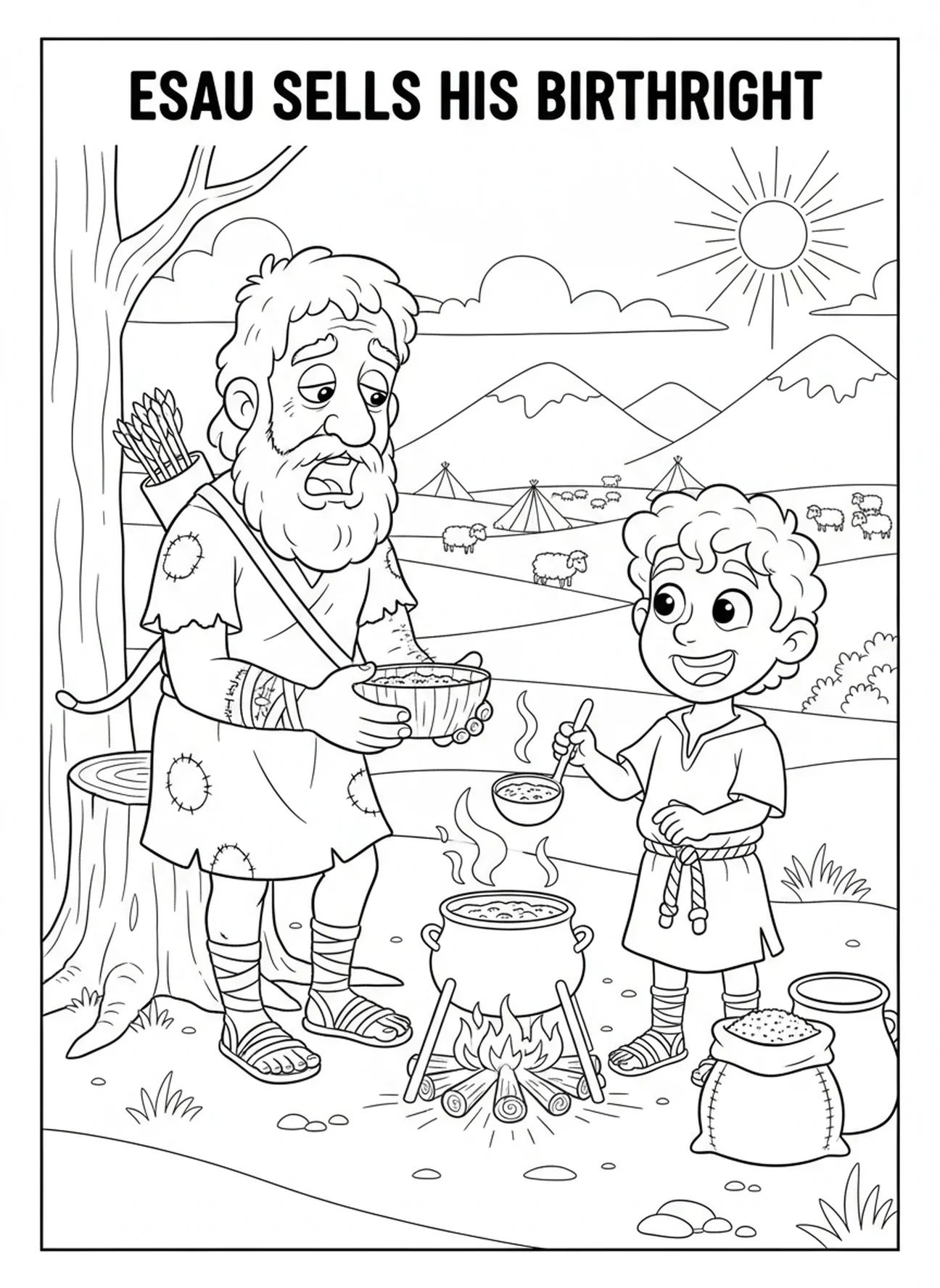 Ésaü cédant son droit d'aînesse, page à colorier Jacob et Ésaü pour les enfants de 5 à 10 ans.