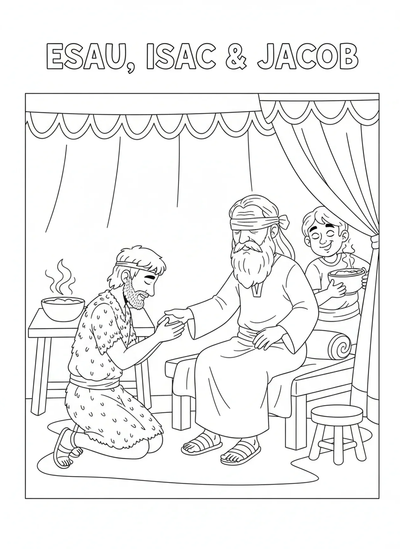 Ésaü à genoux près d'Isaac, page à colorier Jacob et Ésaü pour les enfants de 5 à 10 ans.