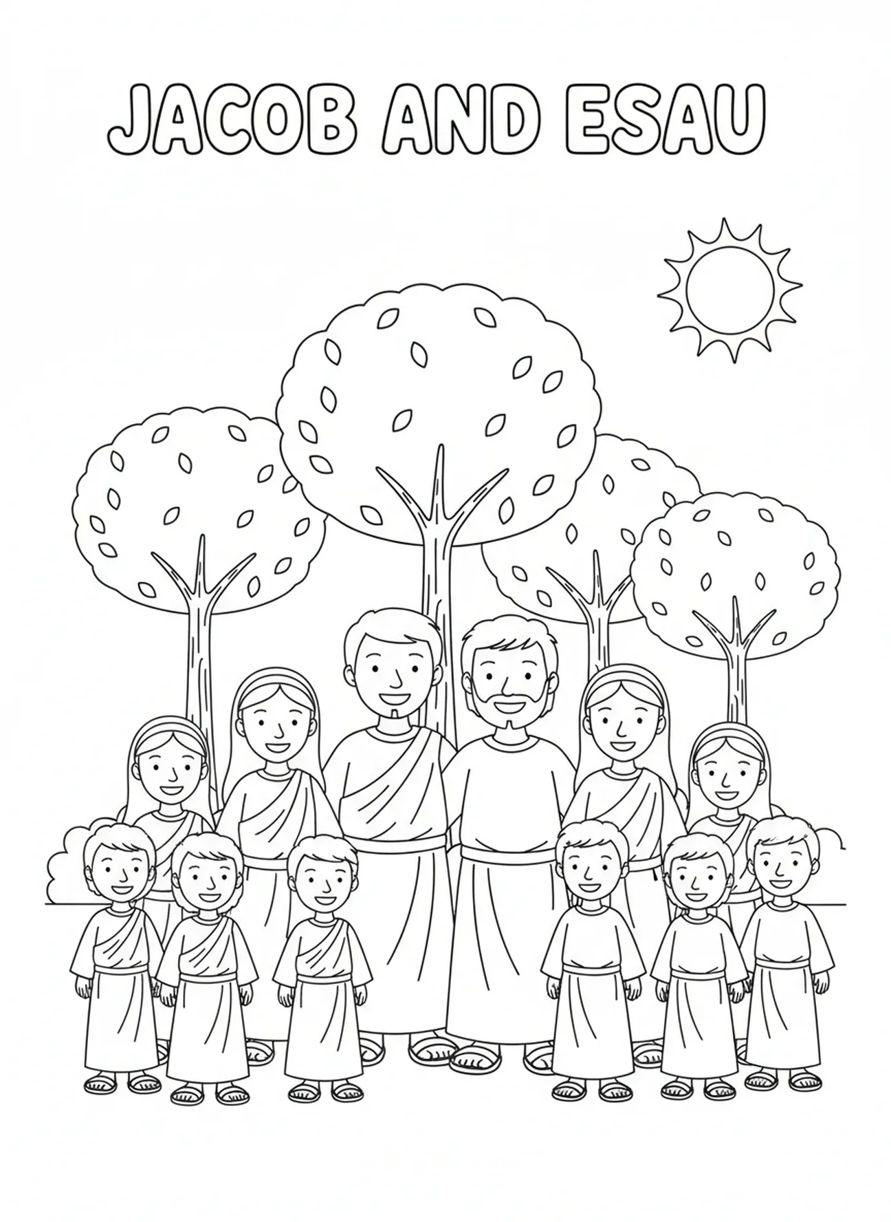 Jacob et Ésaü avec leurs familles, page à colorier Jacob et Ésaü pour les enfants de 5 à 10 ans.