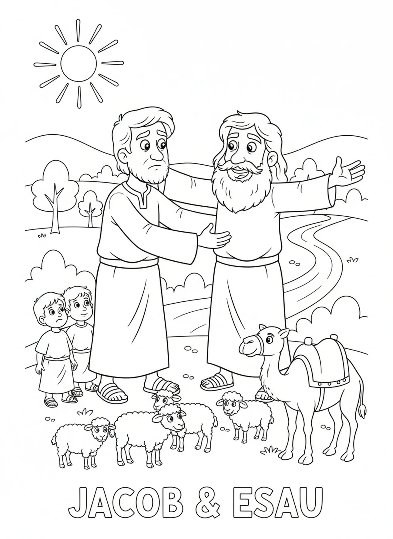 Jacques et Ésaü s'embrassent, page à colorier Jacques et Ésaü pour les enfants de 5 à 10 ans.