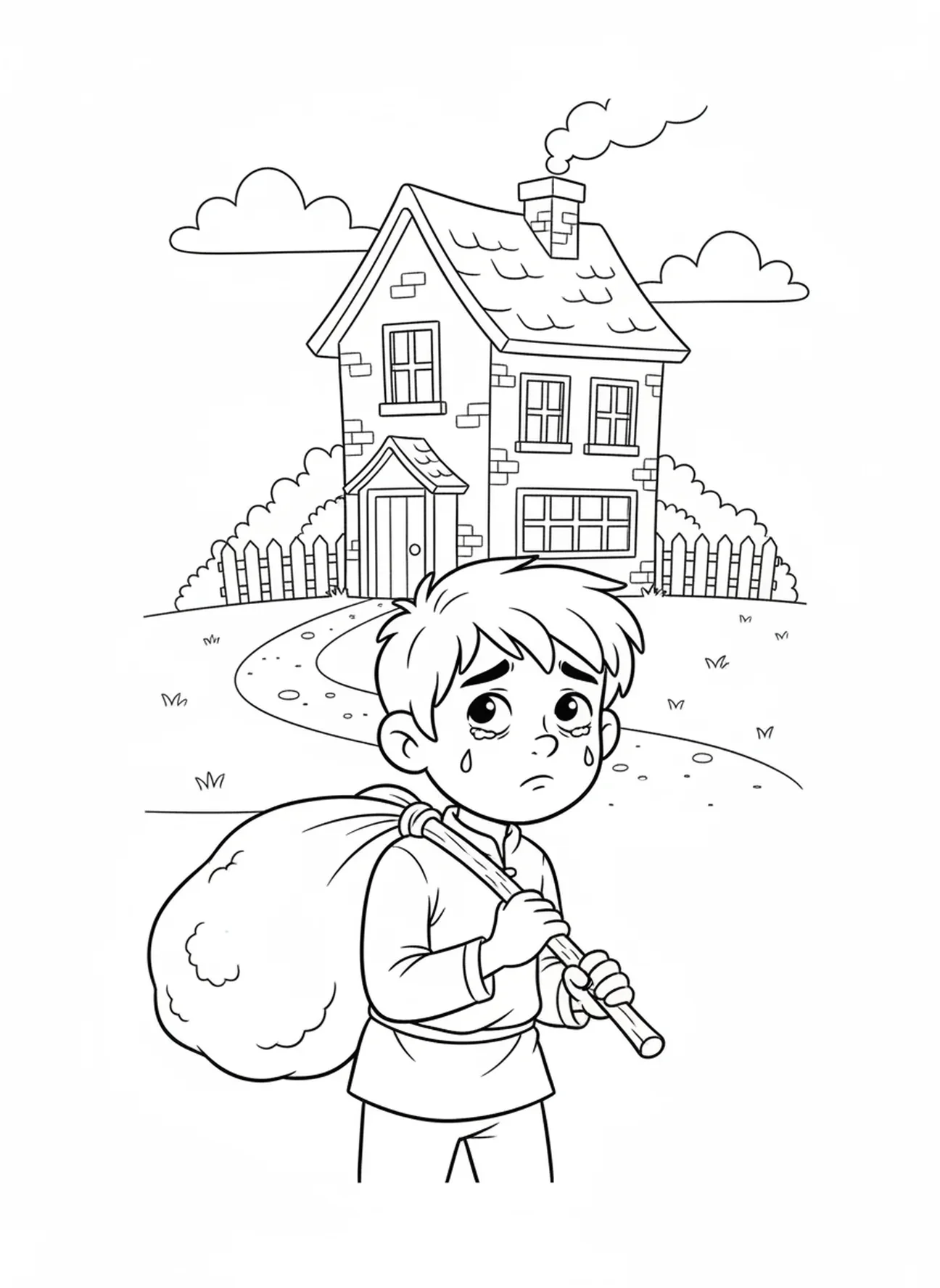 Jacob quittant la maison avec un sac, page à colorier Jacob et Ésaü pour les enfants de 5 à 10 ans.