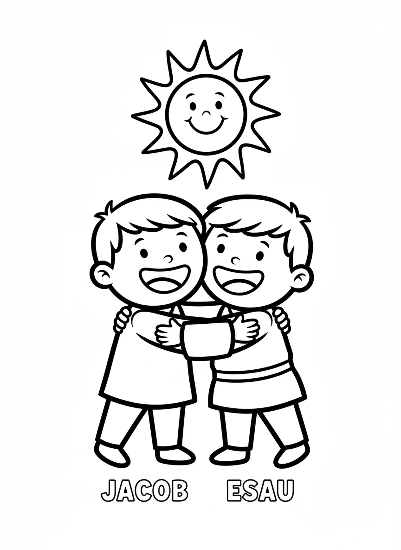 Dos hermanos de dibujos animados abrazándose, página para colorear de Jacob y Esaú para niños en edad preescolar de 3 a 5 años