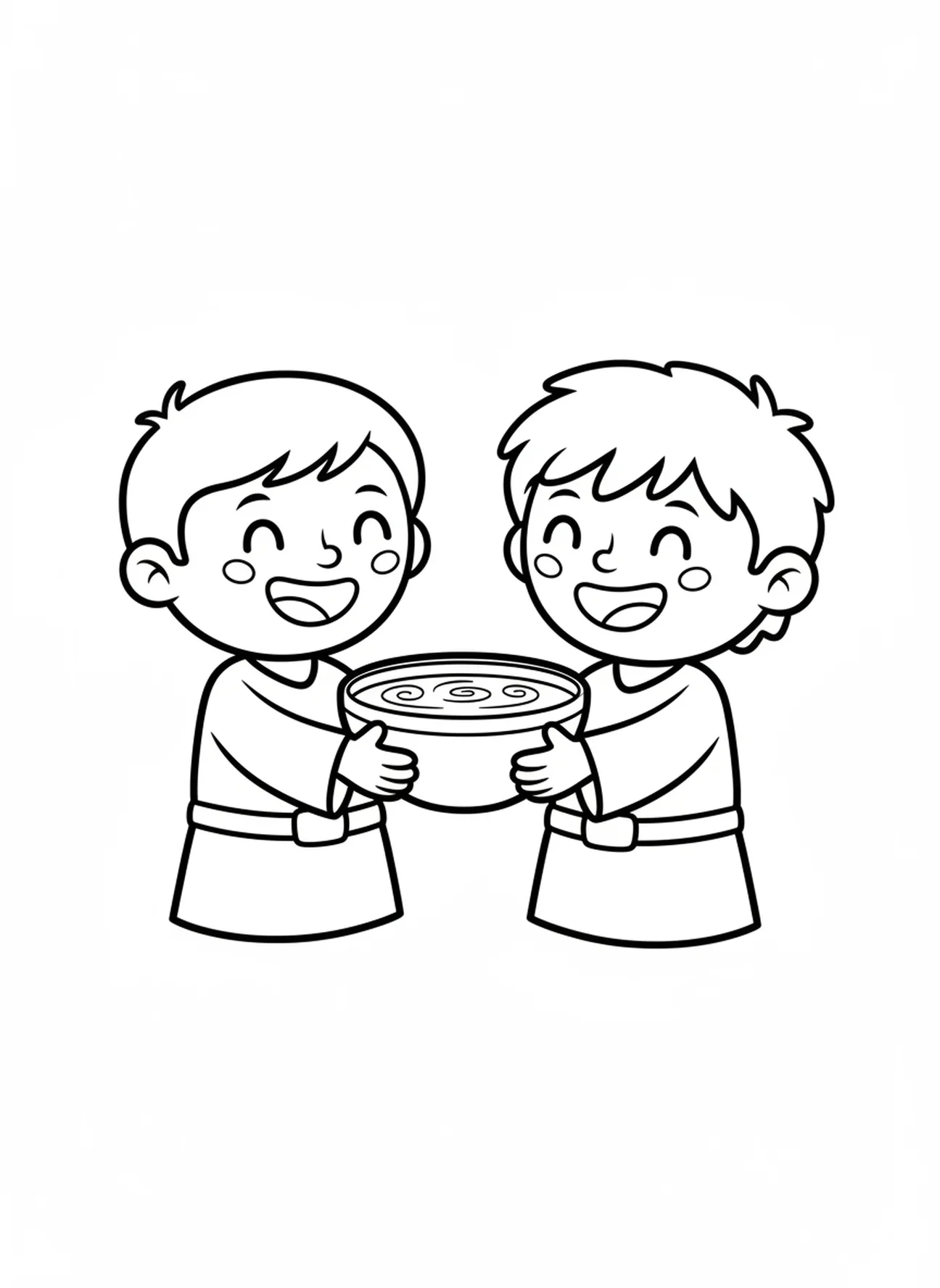 Dos hermanos de dibujos animados compartiendo sopa, página para colorear de Jacob y Esaú para niños de 3 a 5 años