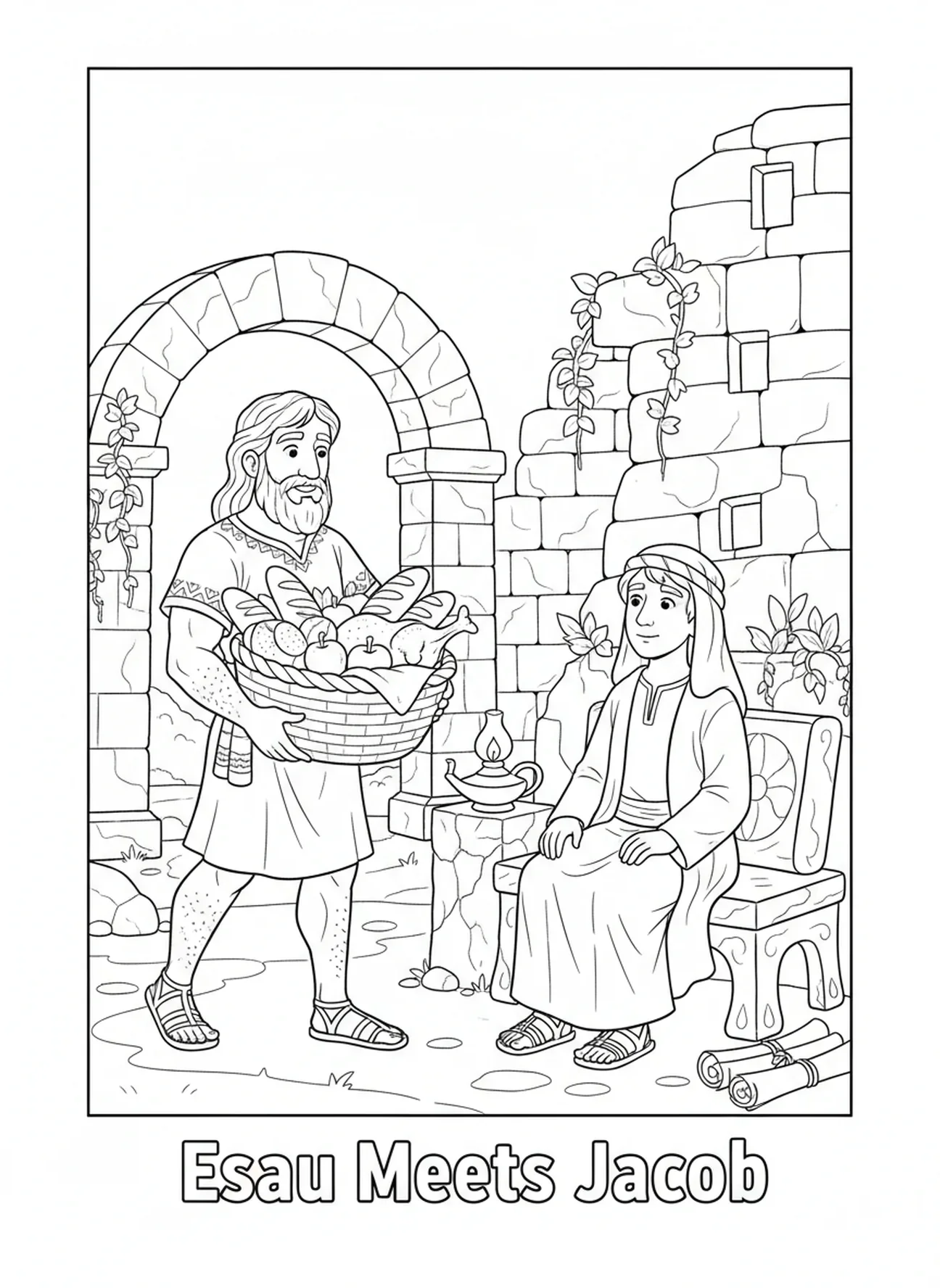 Esaú voltando para casa, página de colorir de Jacó e Esaú para crianças da Escola Dominical de 5 a 12 anos.