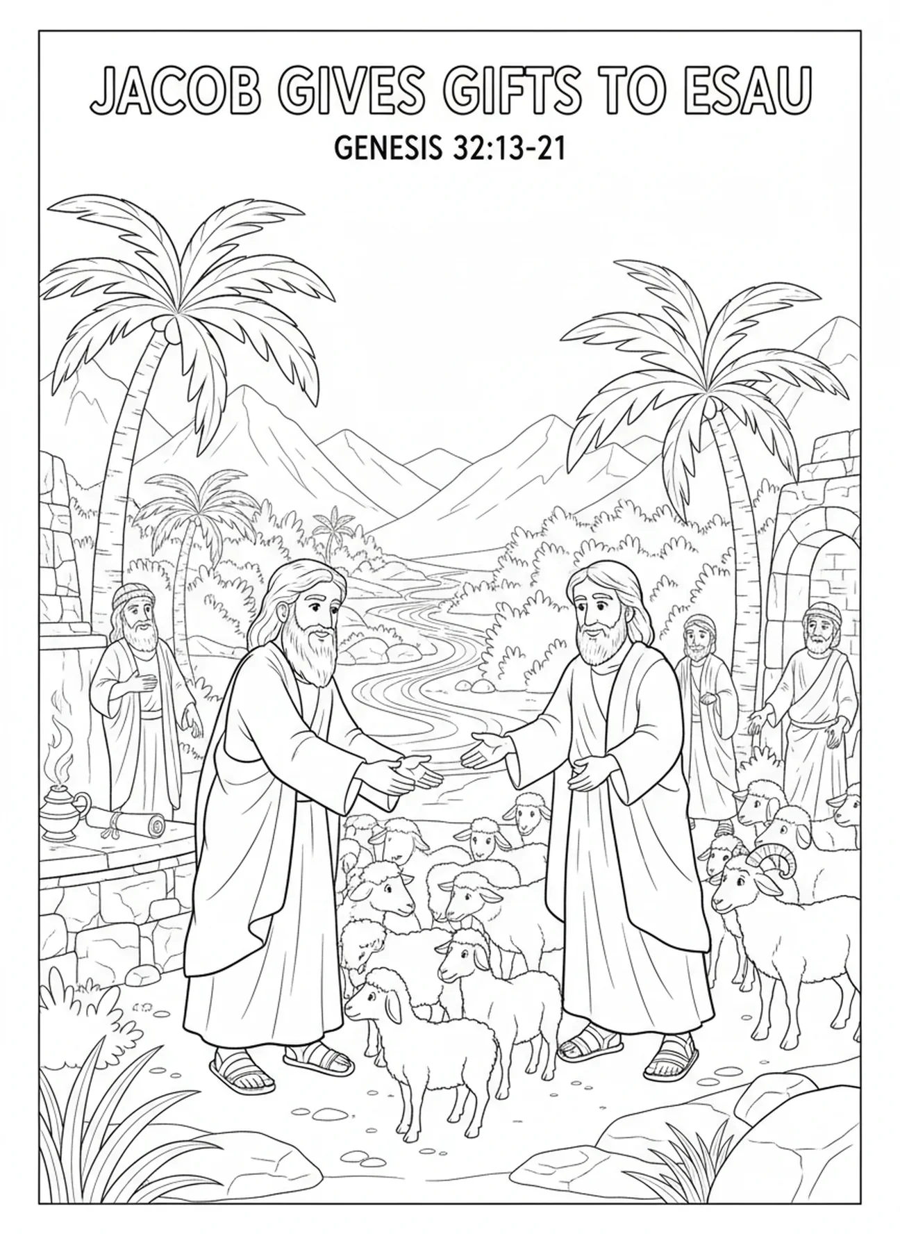 Jacó dando presentes, página para colorir de Jacó e Esaú para crianças da Escola Dominical de 5 a 12 anos.