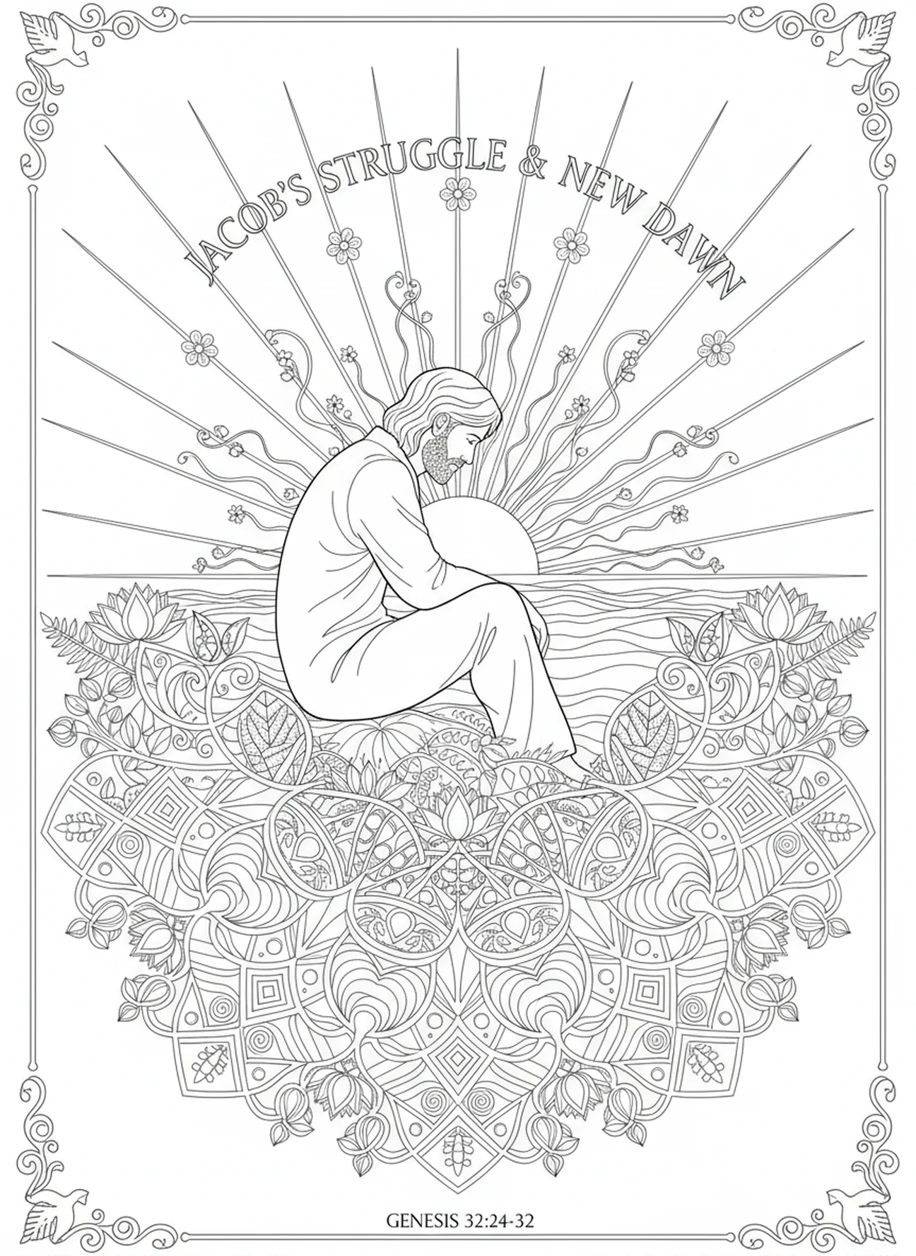 Jacob reflexionando a la luz de la mañana, página para colorear de Jacob luchando con el ángel en estilo de journaling bíblico para adultos.
