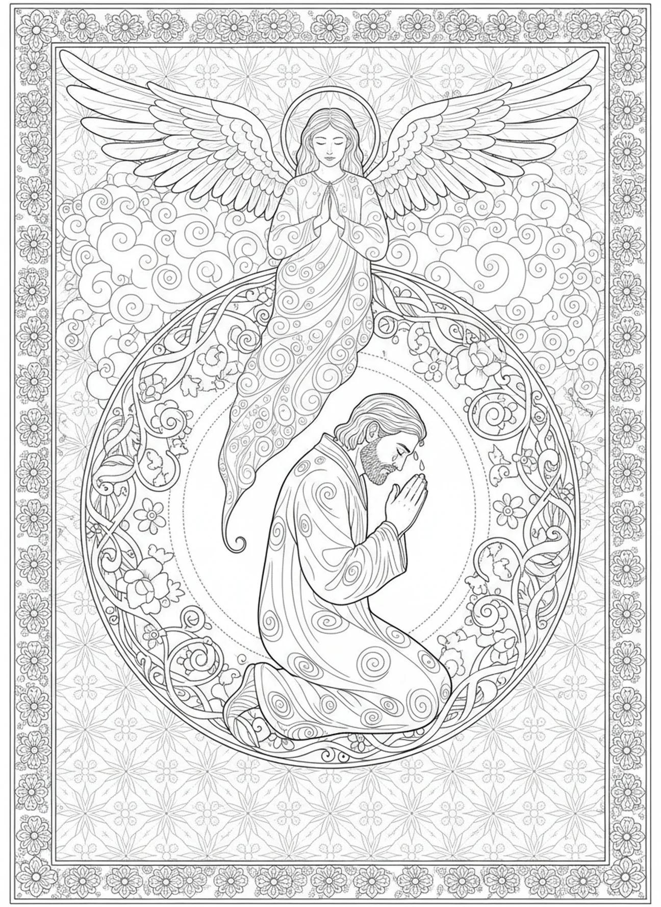 Jacob orando de noche, página para colorear de Jacob luchando con el ángel en estilo de journaling bíblico para adultos.