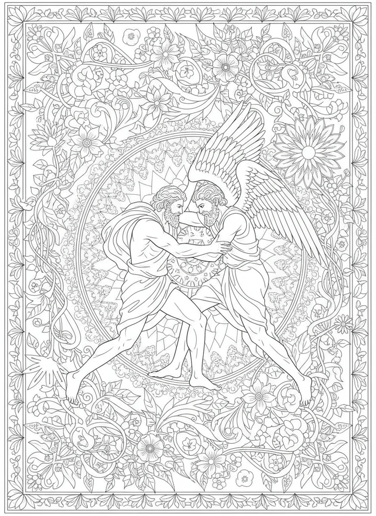Jacob y el ángel luchan, página para colorear de Jacob luchando con el ángel en estilo de journaling bíblico para adultos.