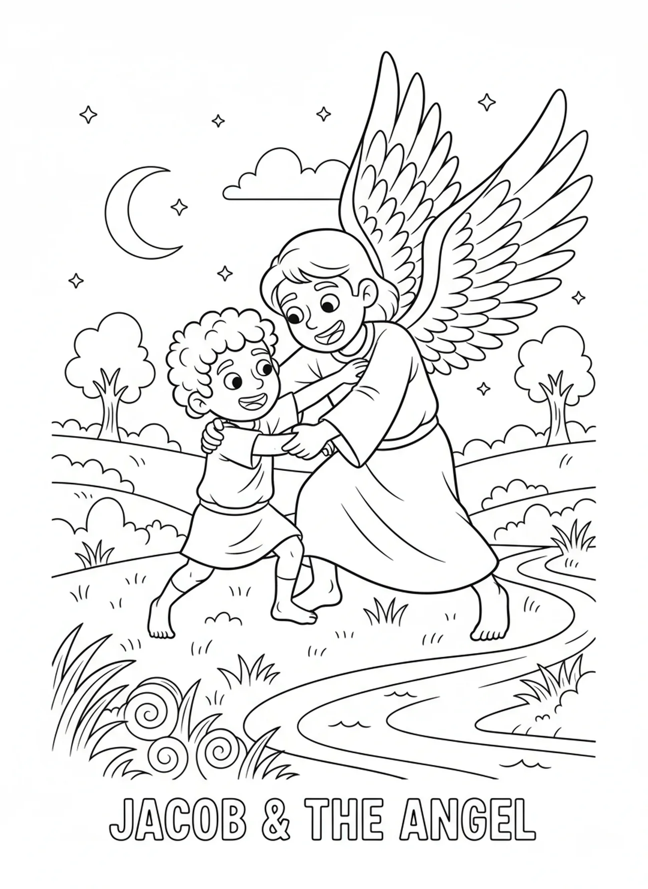Jakob und der Engel im Ringkampf, Ausmalbild Jakob kämpfender Engel für Kinder im Alter von 5-10 Jahren.