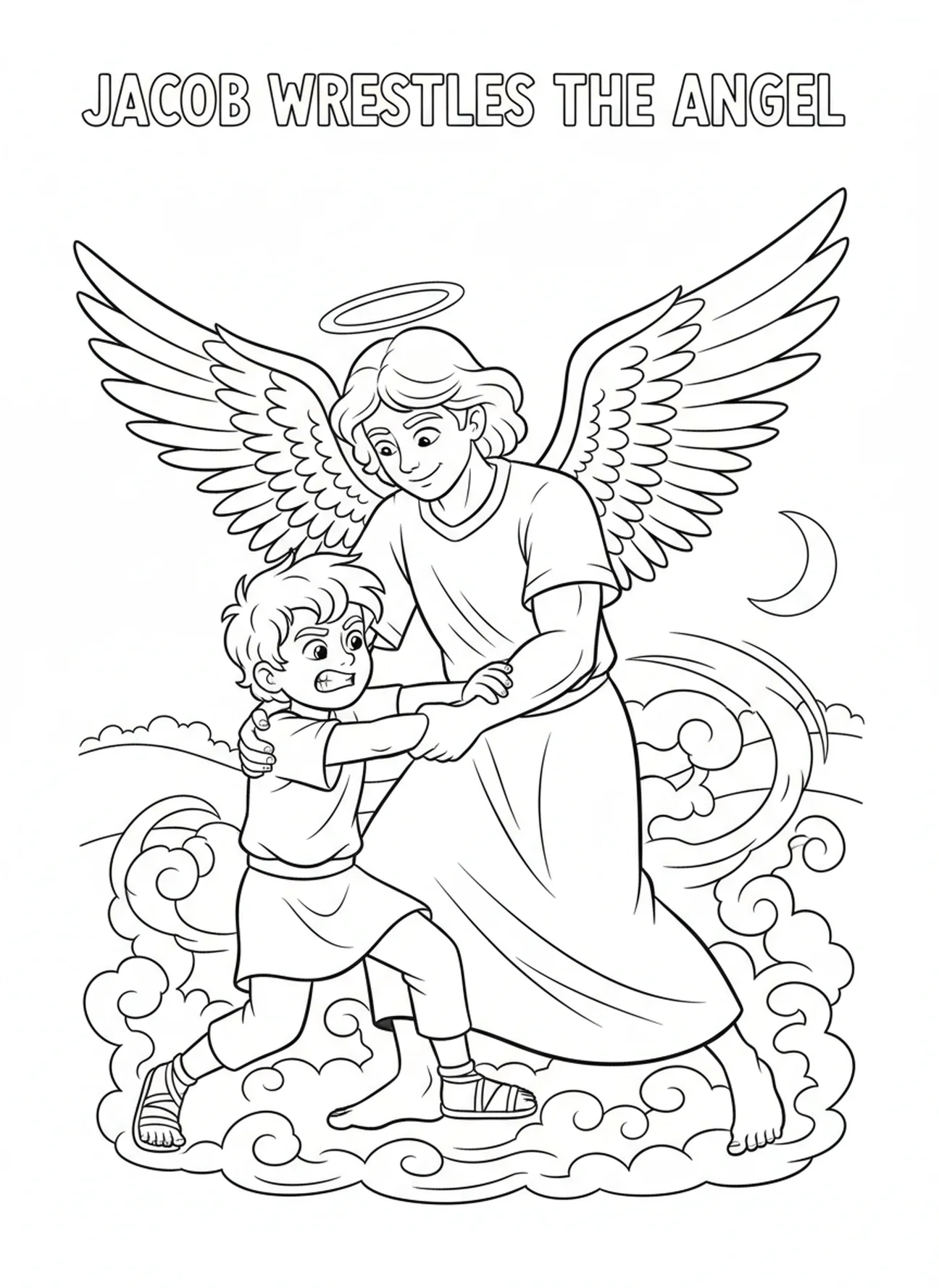 Jakob greift den Arm des Engels, Ausmalbild Jakob ringt mit dem Engel für Kinder im Alter von 5-10 Jahren.