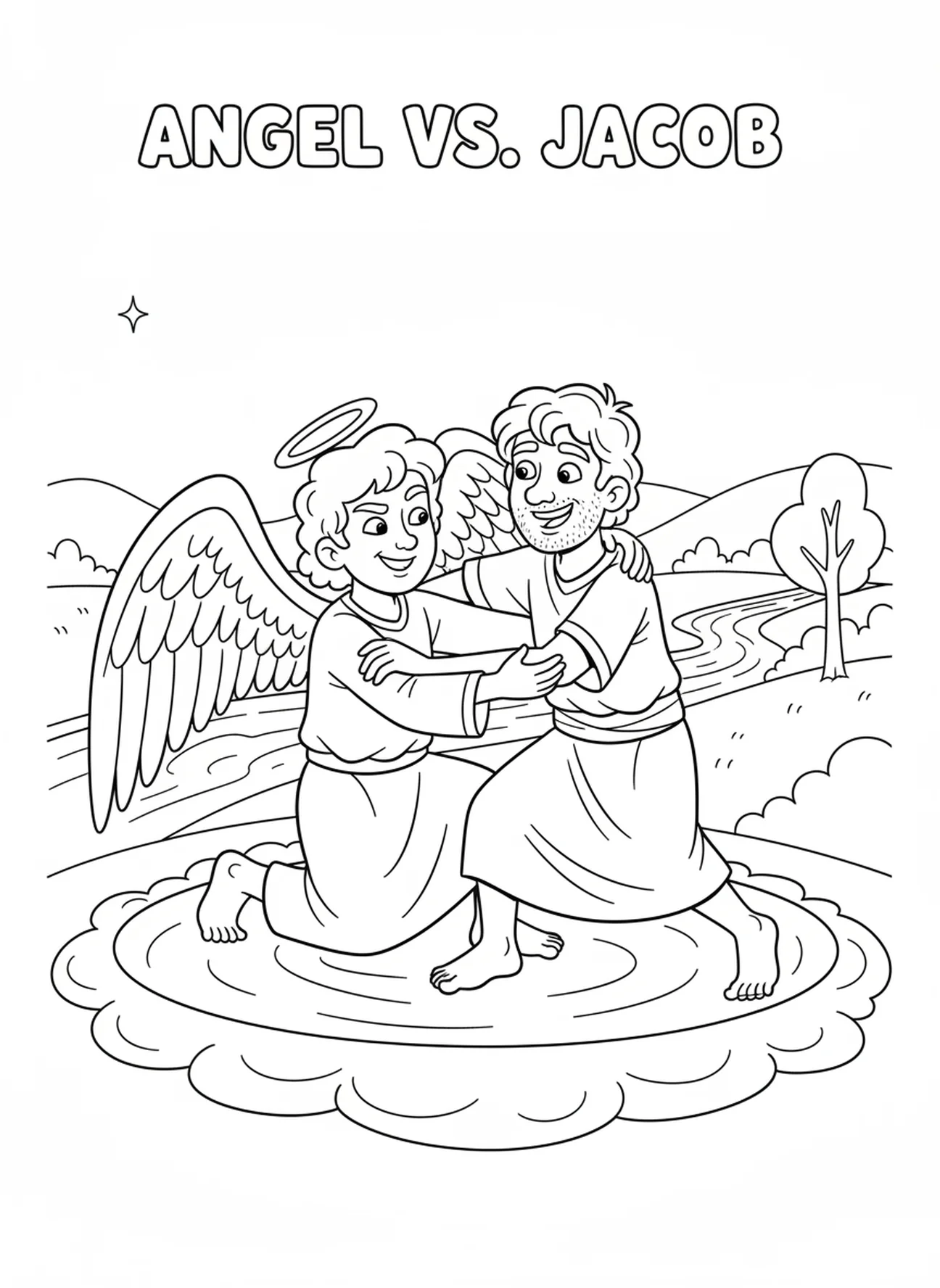 Der Engel fordert Jakob spielerisch heraus, Ausmalbild Jakob ringt mit dem Engel für Kinder im Alter von 5-10 Jahren.