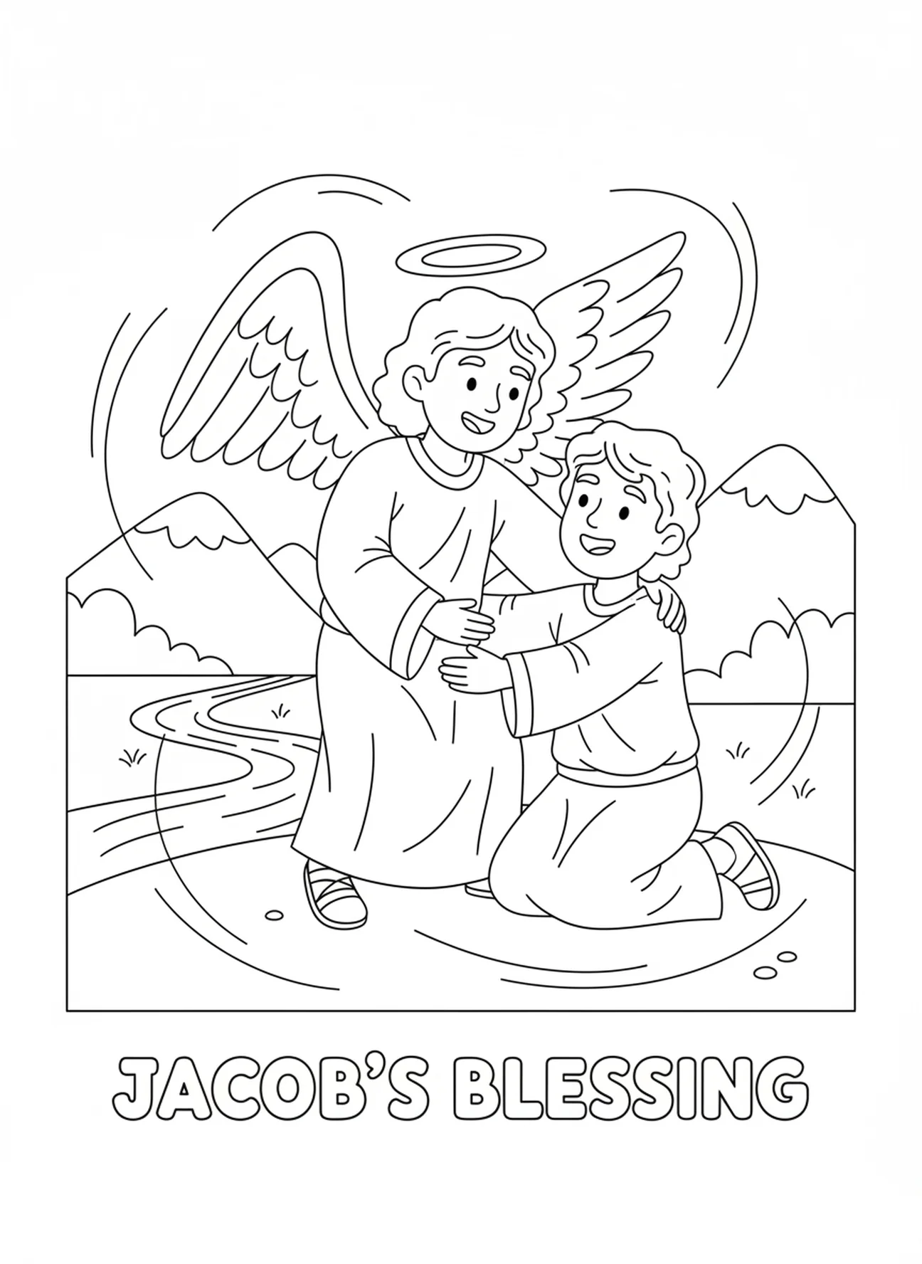 Engel segnet Jakob, Jakob ringt mit dem Engel Ausmalbild für Kinder im Alter von 5-10 Jahren.