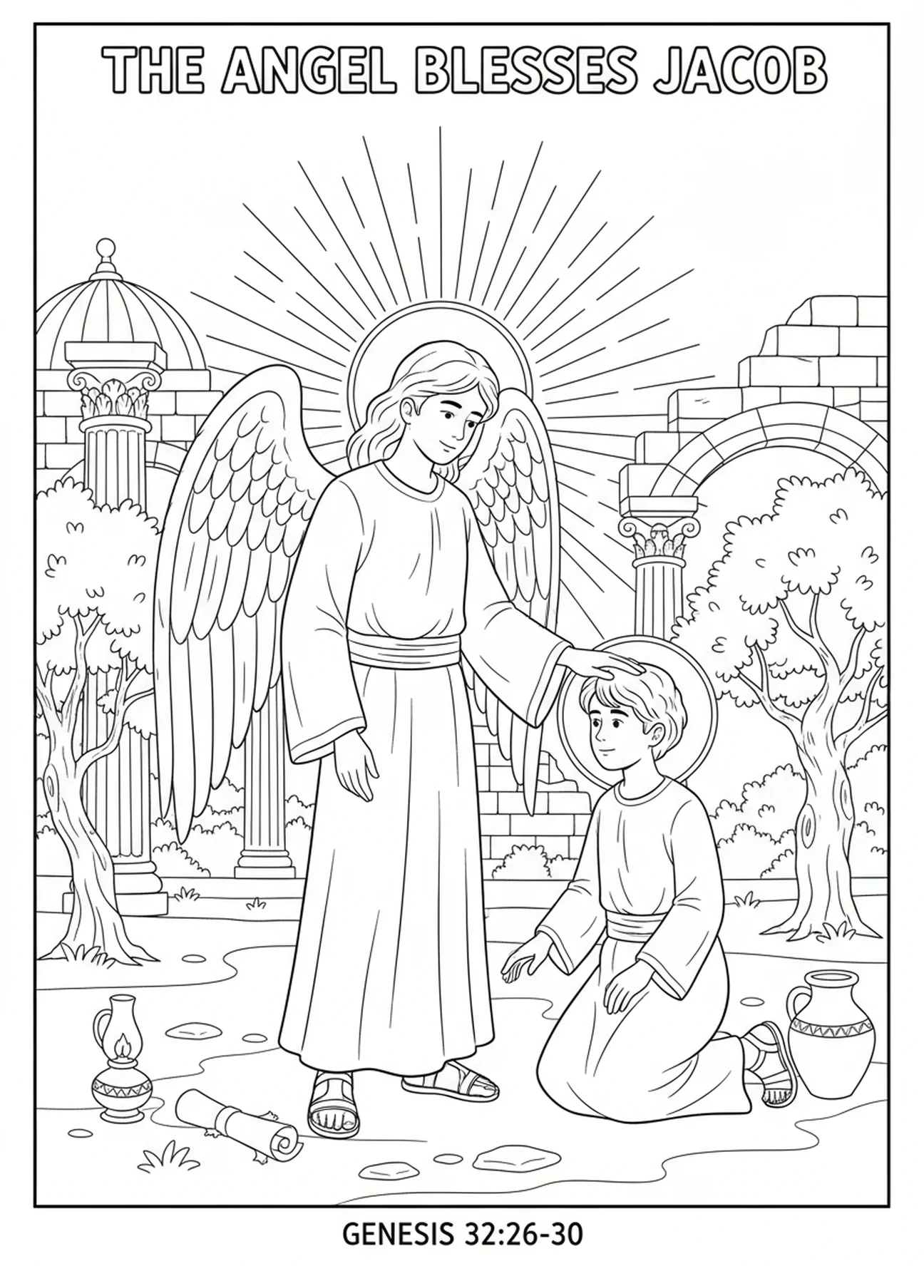 Engel segnet Jakob, Jakob ringt mit dem Engel Ausmalbild für Sonntagsschule Kinder im Alter von 5-12 Jahren.
