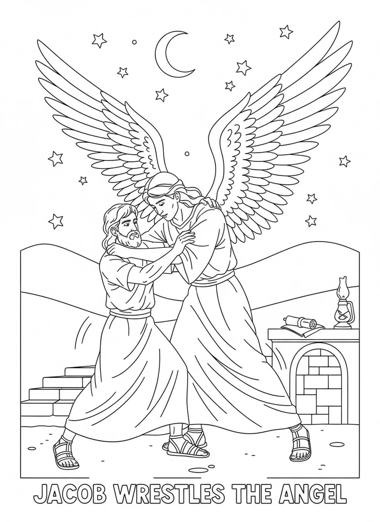 Spannender Moment, Jakob ringt mit dem Engel Ausmalbild für Sonntagsschulkinder im Alter von 5-12 Jahren.