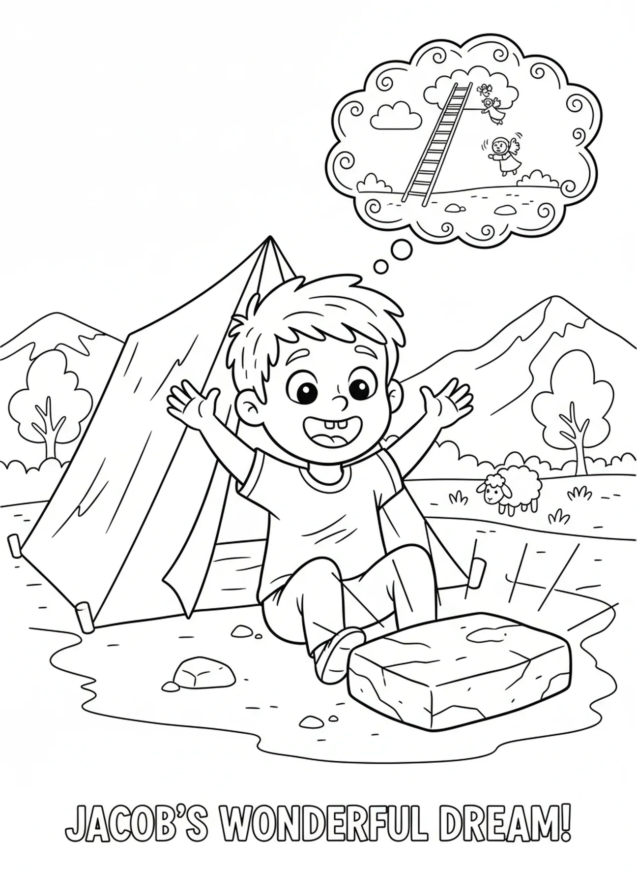 Jakob, der aus seinem Traum erwacht, Malvorlage zur Jakobsleiter für Kinder im Alter von 5-10 Jahren