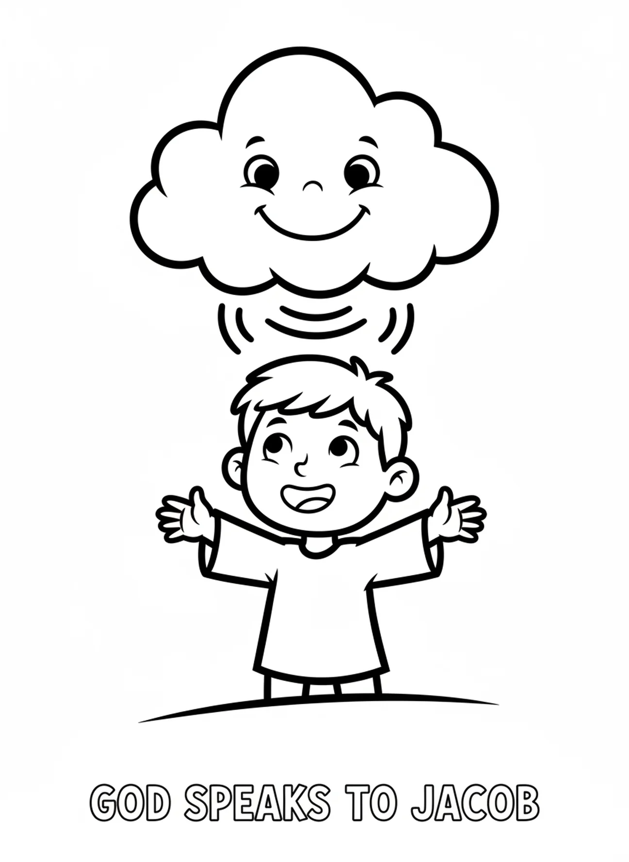 Freundliche Wolke über Jakob, Ausmalbild von Jakobs Leiter für Vorschulkinder im Alter von 3-5 Jahren.