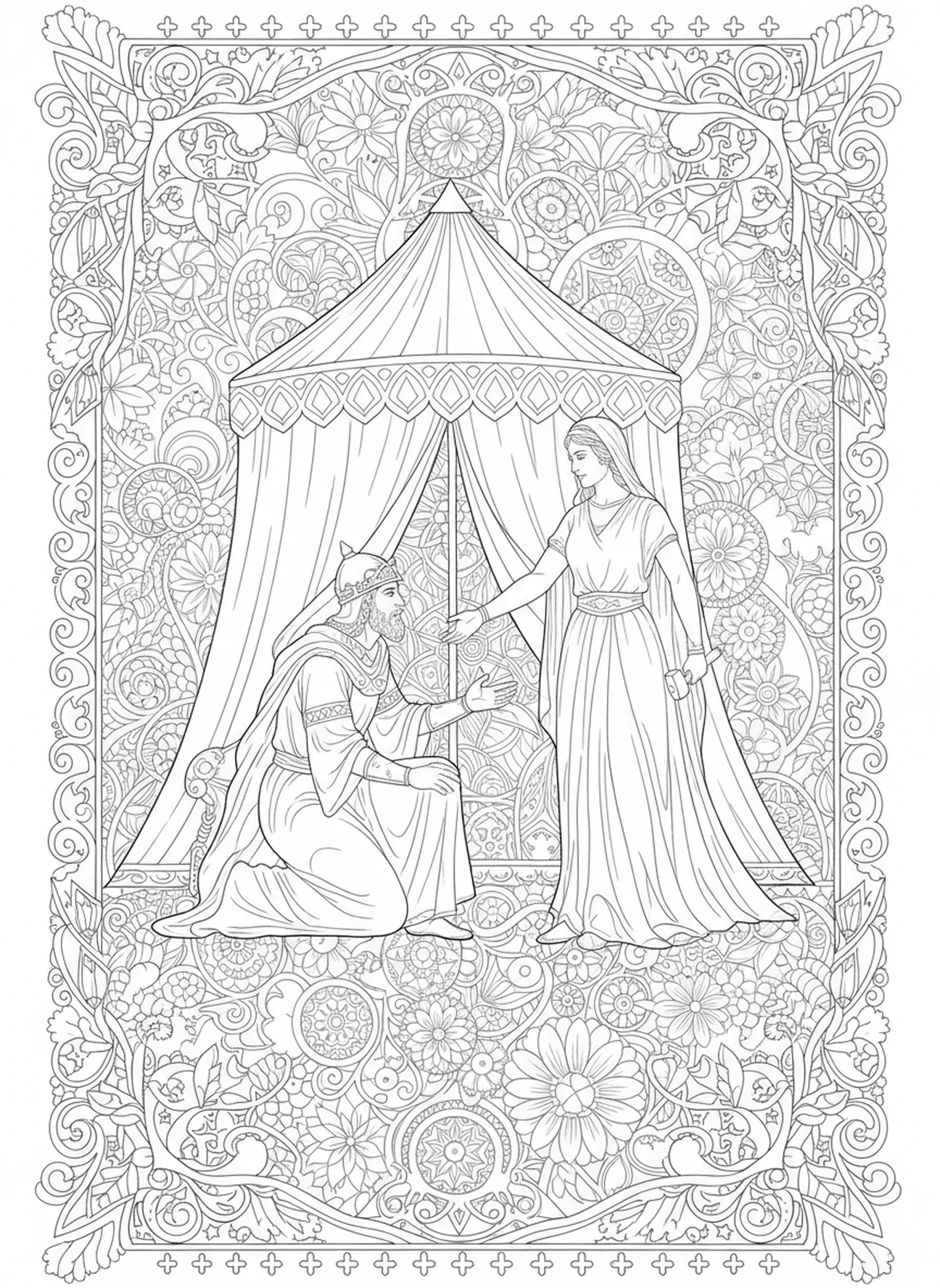 Cisera am Eingang von Jaels Zelt, Jael Ausmalbild für Erwachsene im Stil des Bibel-Journalings.