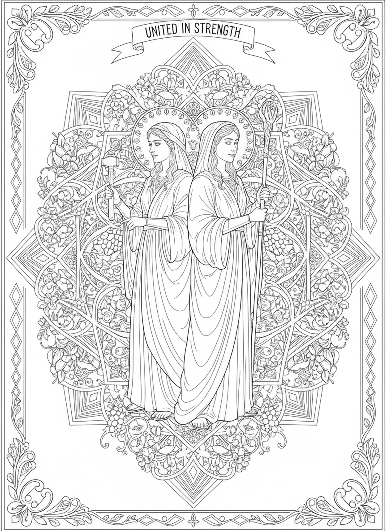 Jael und Deborah umgeben von floralen Mustern, Jael Ausmalbild für Erwachsene im Bibel-Journaling-Stil.