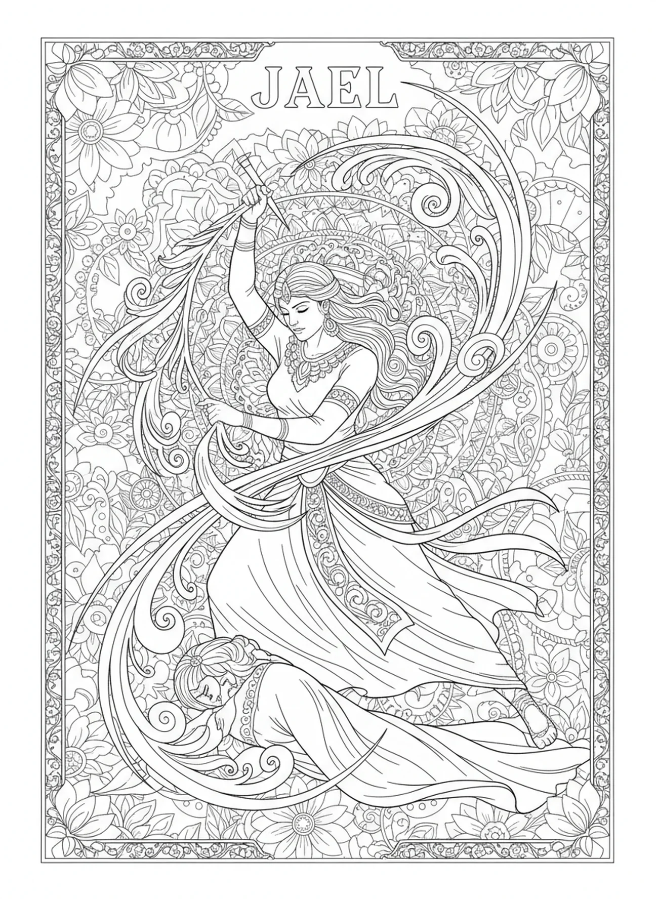 Jael schlägt Sisera mit einem Zeltpflock, Jael Ausmalbild für Erwachsene im Stil des Bibel-Journaling.