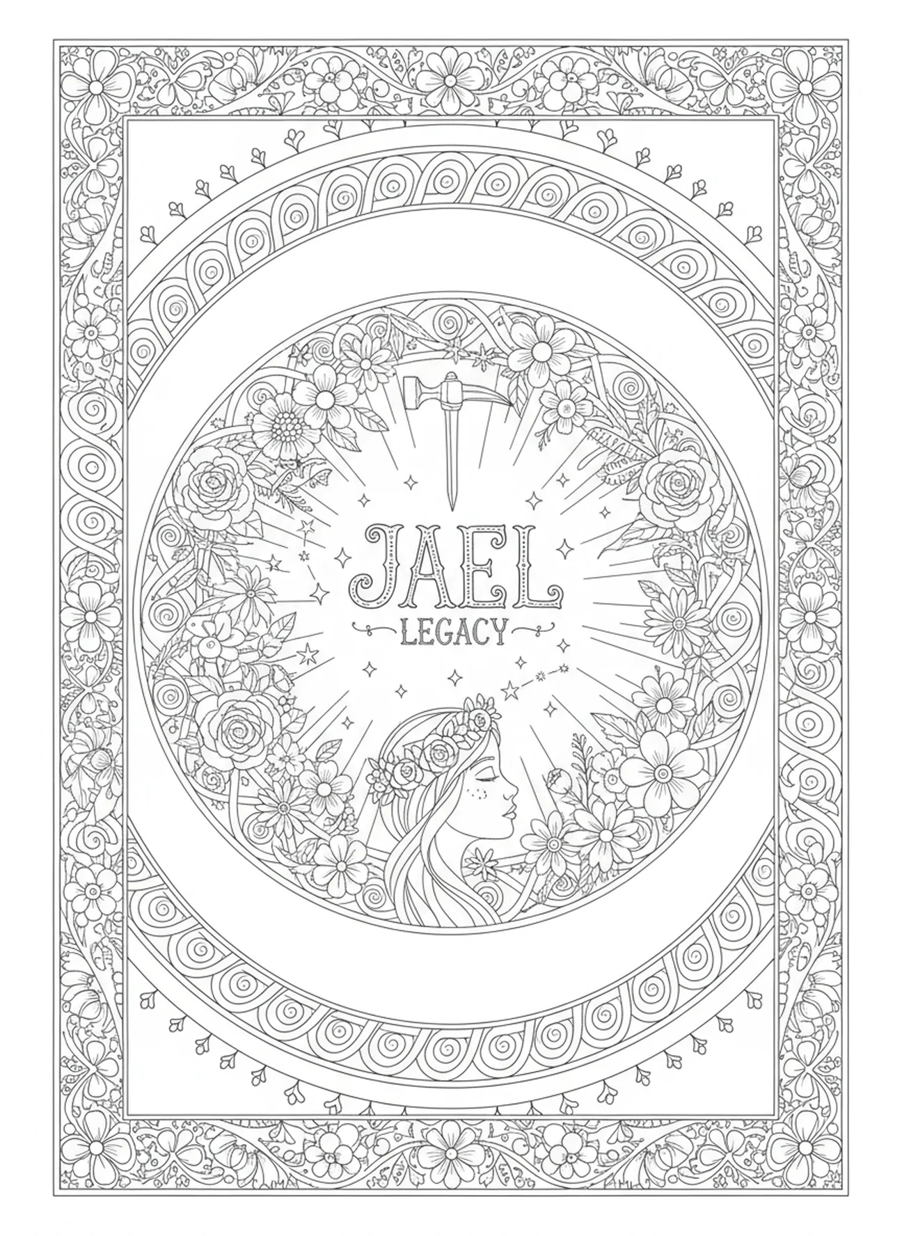 Feier des Erbes von Jael mit Sternen und Blumen, Jael Ausmalbild für Erwachsene im Stil des Bibeljournaling.