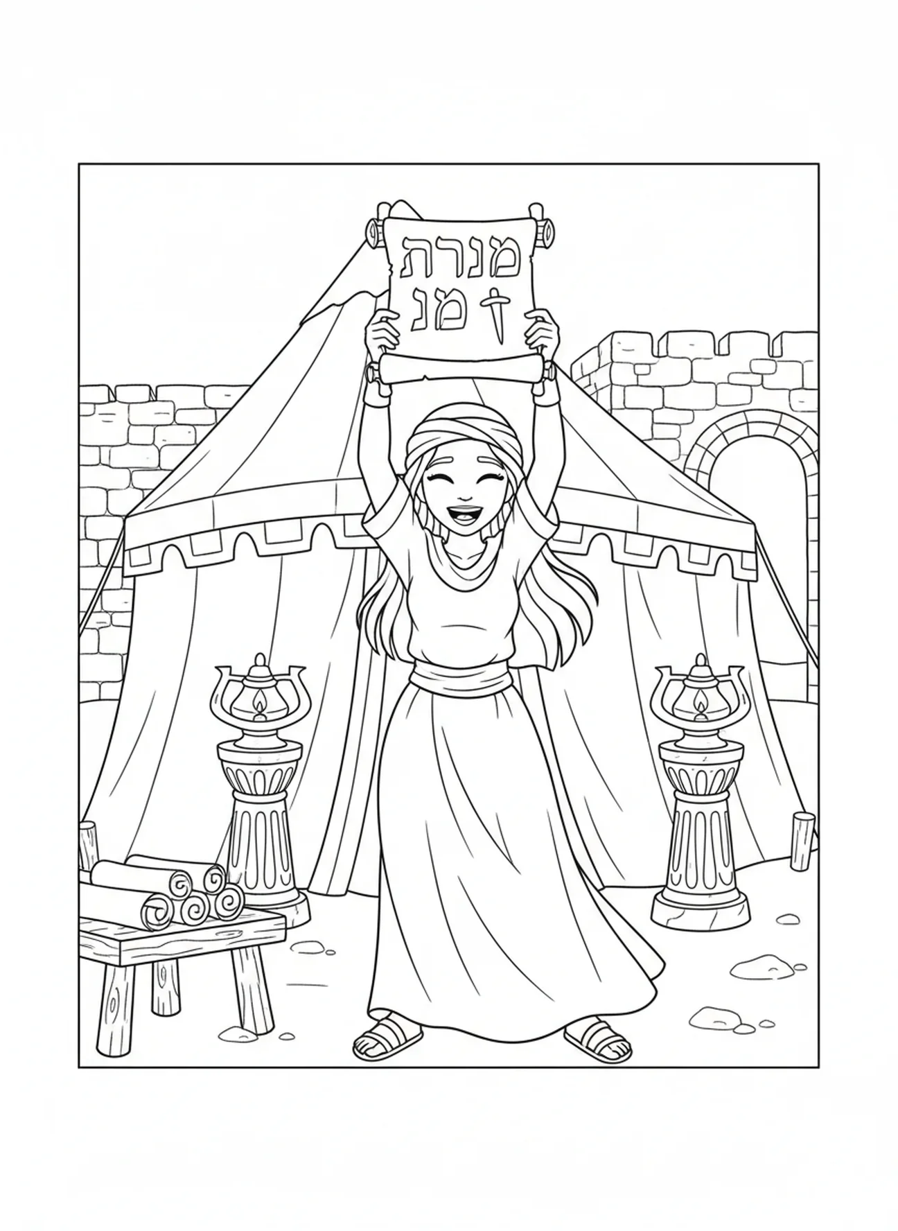Jael feiert den Sieg mit einer Schriftrolle, Malvorlage für Kinder in der Sonntagsschule im Alter von 5-12 Jahren.