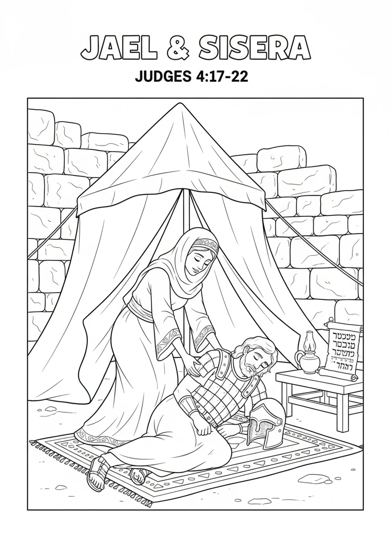 Jael legt Sisera auf eine Matte, Jael Malvorlage für Sonntagsschulkinder im Alter von 5-12 Jahren.
