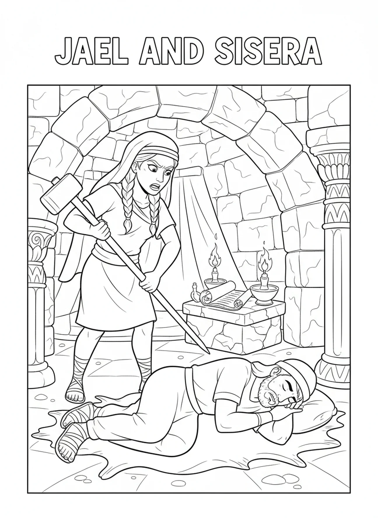 Jael schlägt Sisera, Jael Ausmalbild für Sonntagsschulkinder im Alter von 5-12 Jahren.
