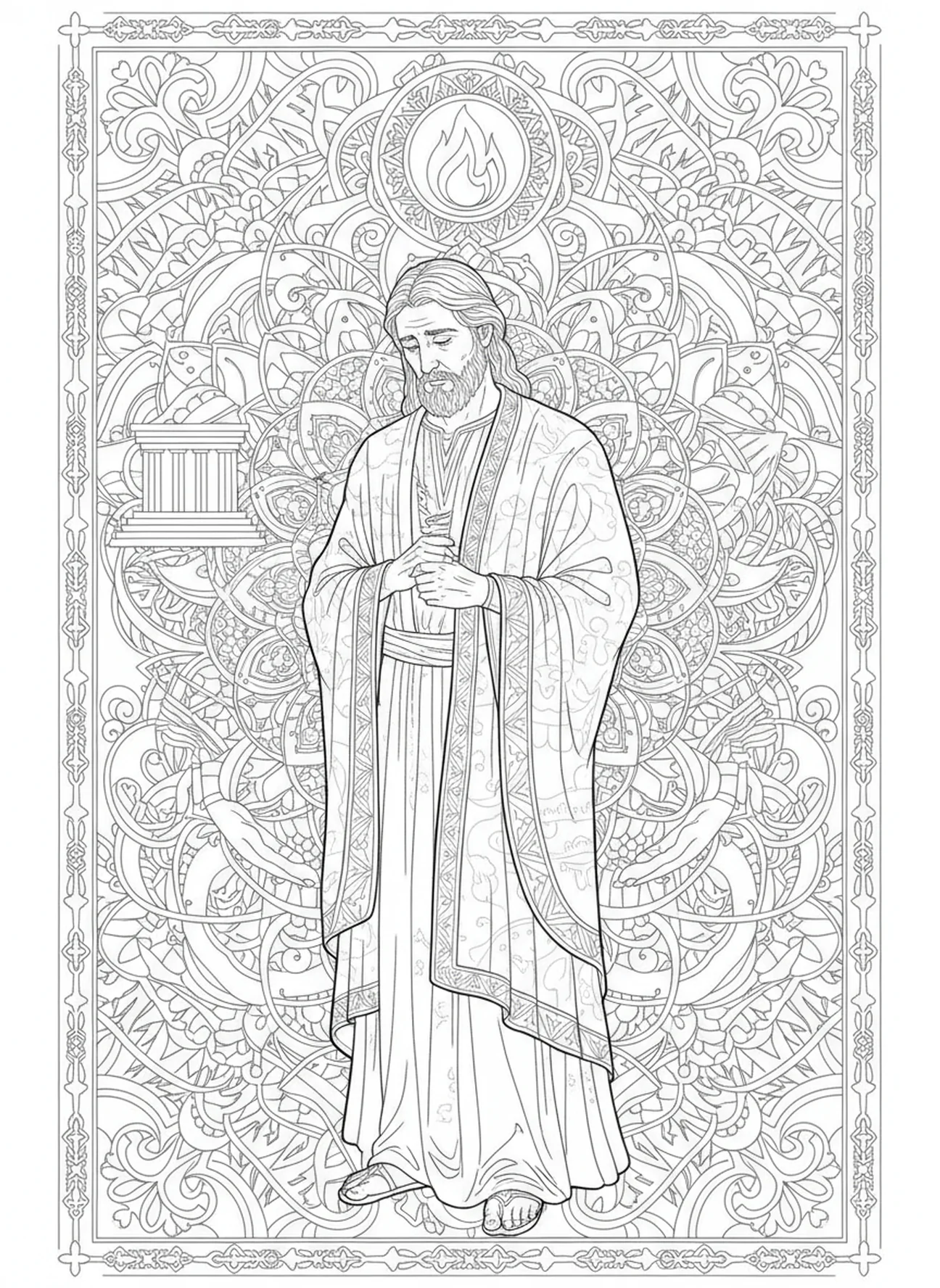 Jephthah, der über sein Gelübde nachdenkt, Ausmalbild für Erwachsene im Bibel-Journaling-Stil.