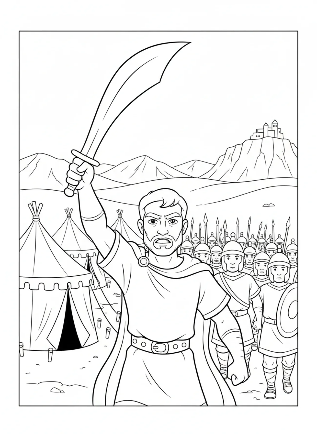Jephthé menant des soldats, page à colorier Jephthé pour les enfants de l'École du dimanche âgés de 5 à 12 ans.