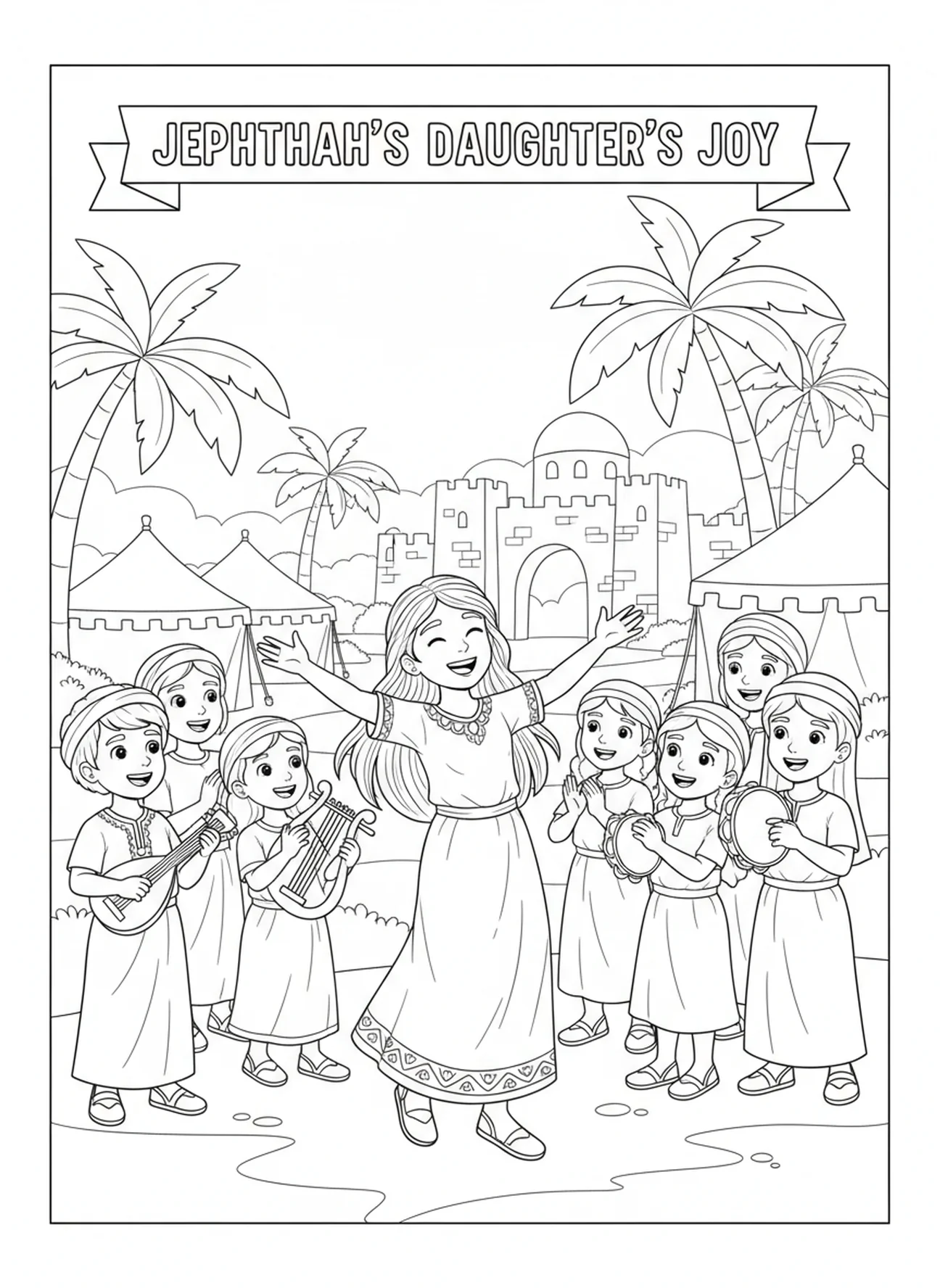 La fille de Jephté chantant, page à colorier de Jephté pour les enfants de l'École du dimanche âgés de 5 à 12 ans.