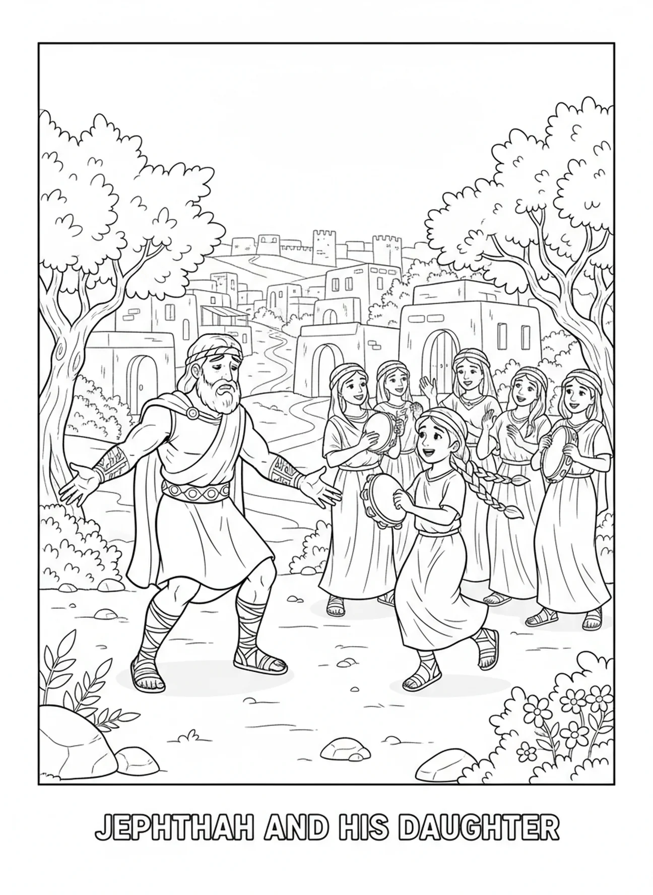 Jephthé avec sa fille, page à colorier Jephthé pour les enfants de l'École du dimanche âgés de 5 à 12 ans.