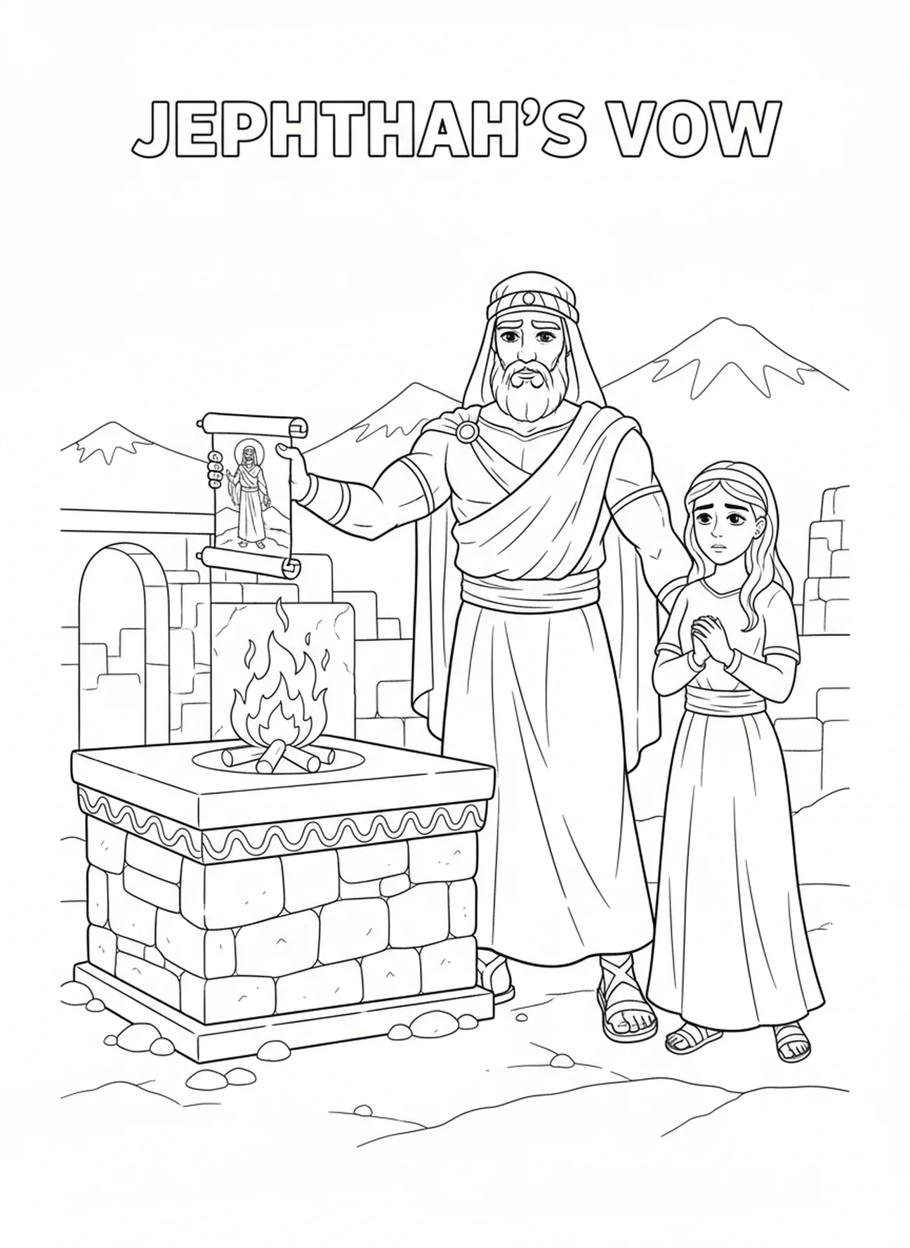 Jephthé accomplissant son vœu, page à colorier Jephthé pour les enfants de l'École du dimanche âgés de 5 à 12 ans.