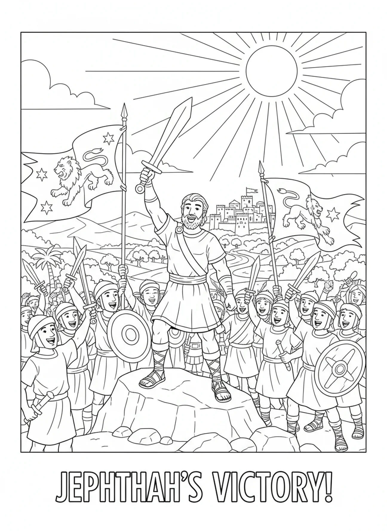 Jephthé célébrant la victoire, page à colorier Jephthé pour les enfants de l'École du dimanche âgés de 5 à 12 ans.