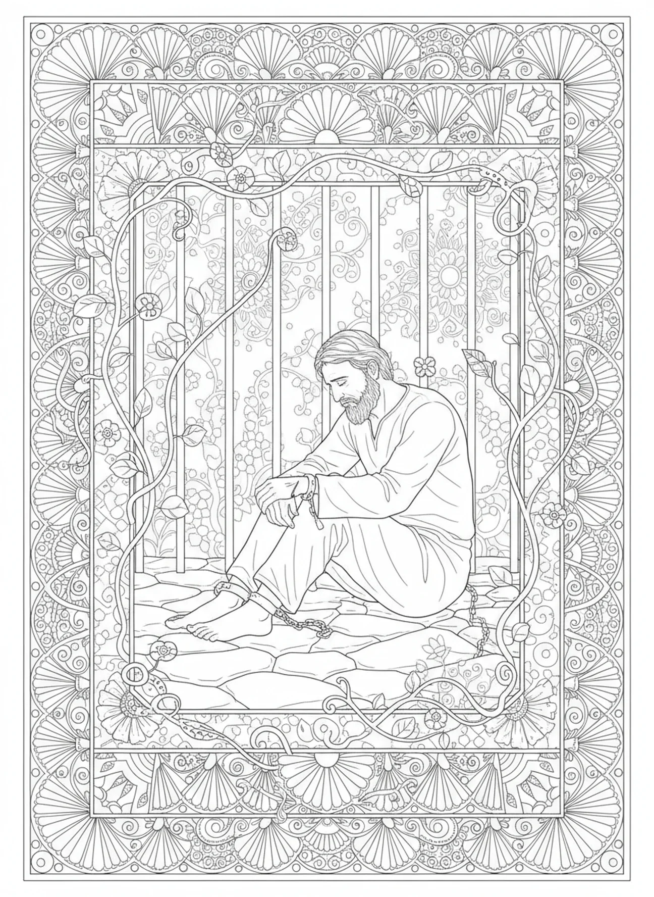 Jeremias na prisão, página de colorir do Profeta Jeremias para adultos no estilo de journaling bíblico.
