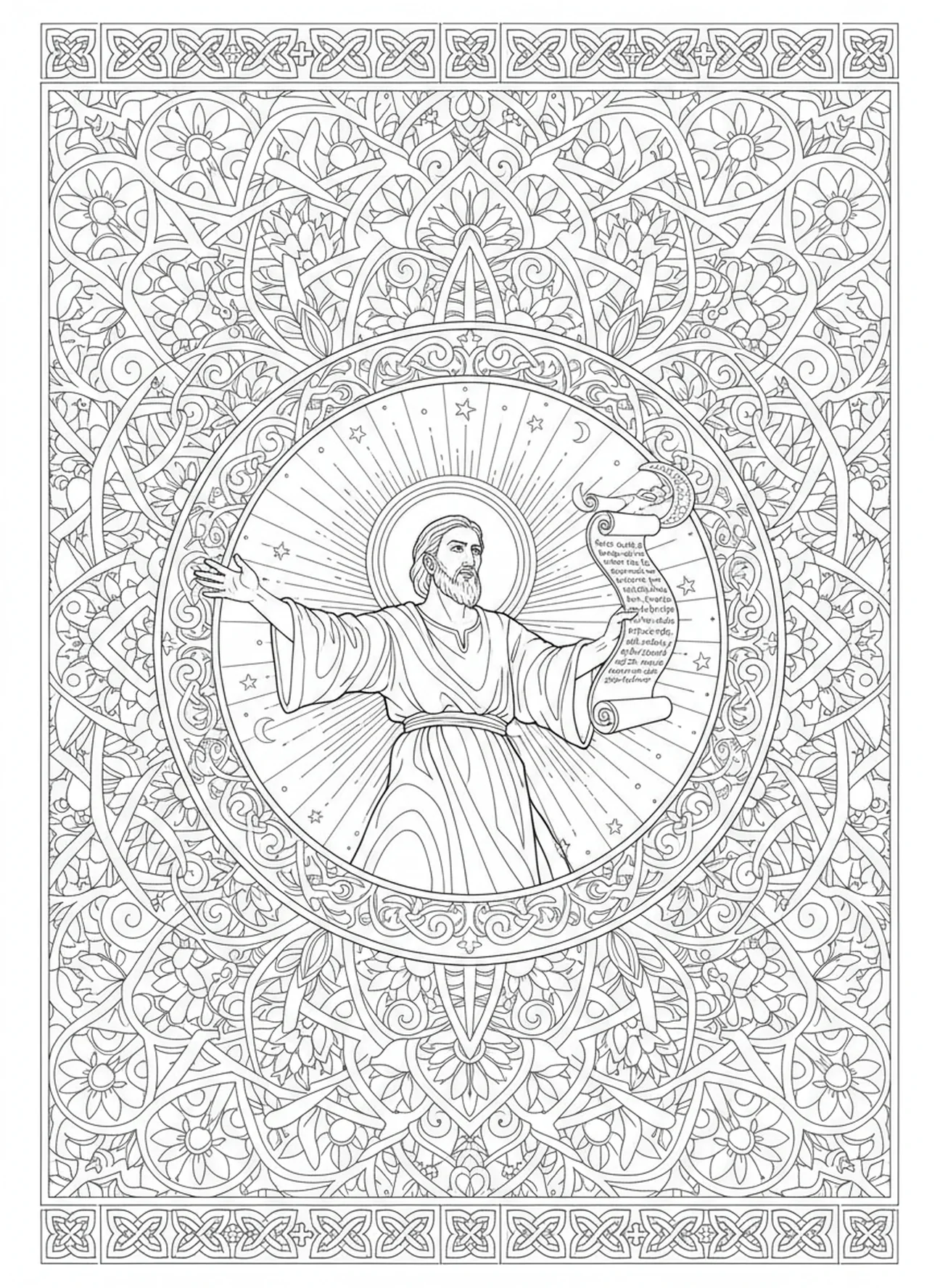 Jeremias proclamando profecia, página de colorir do Profeta Jeremias no estilo de journaling bíblico para adultos.