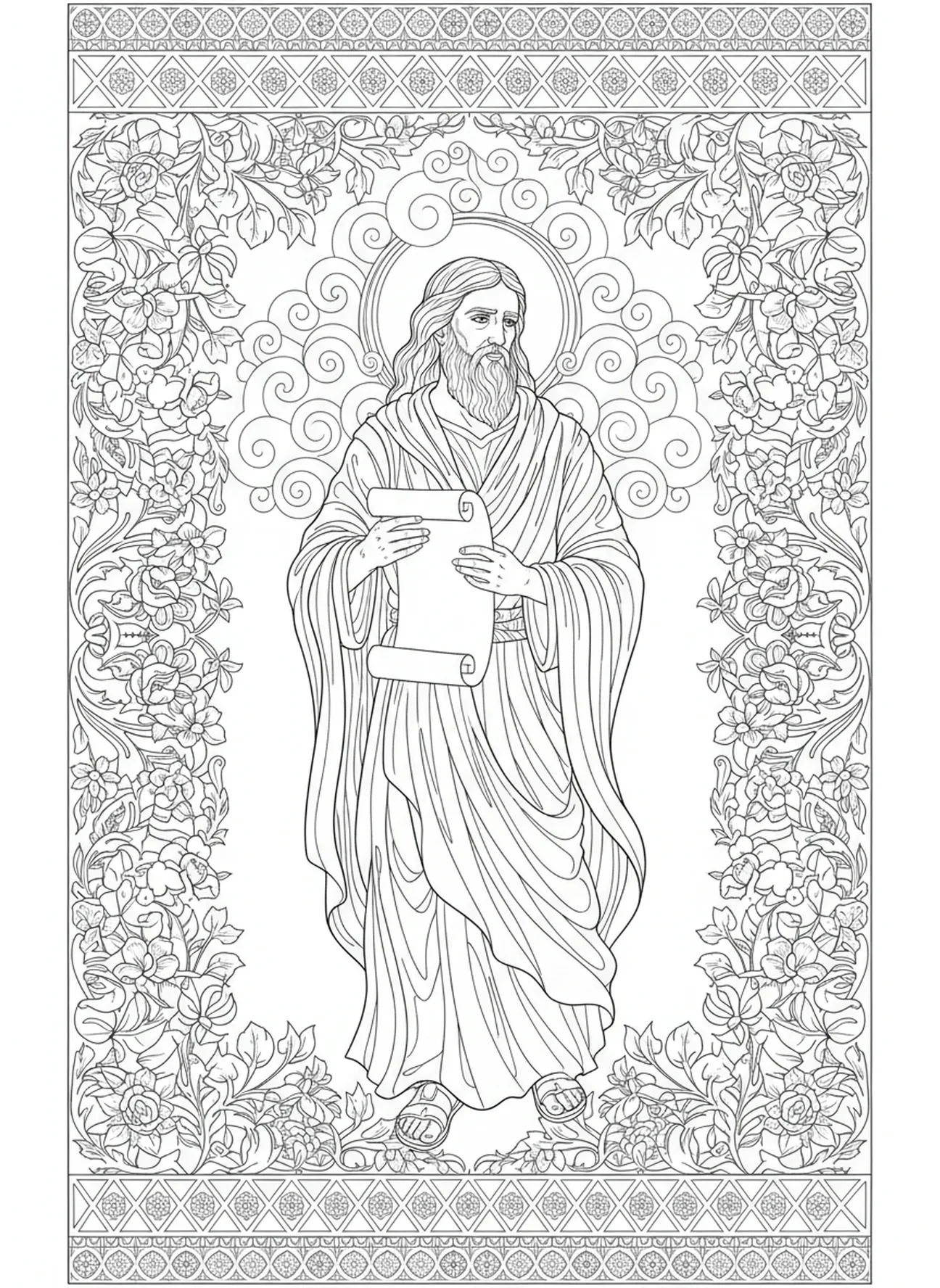 Profeta Jeremias com pergaminho, página para colorir do Profeta Jeremias no estilo de journaling bíblico para adultos.