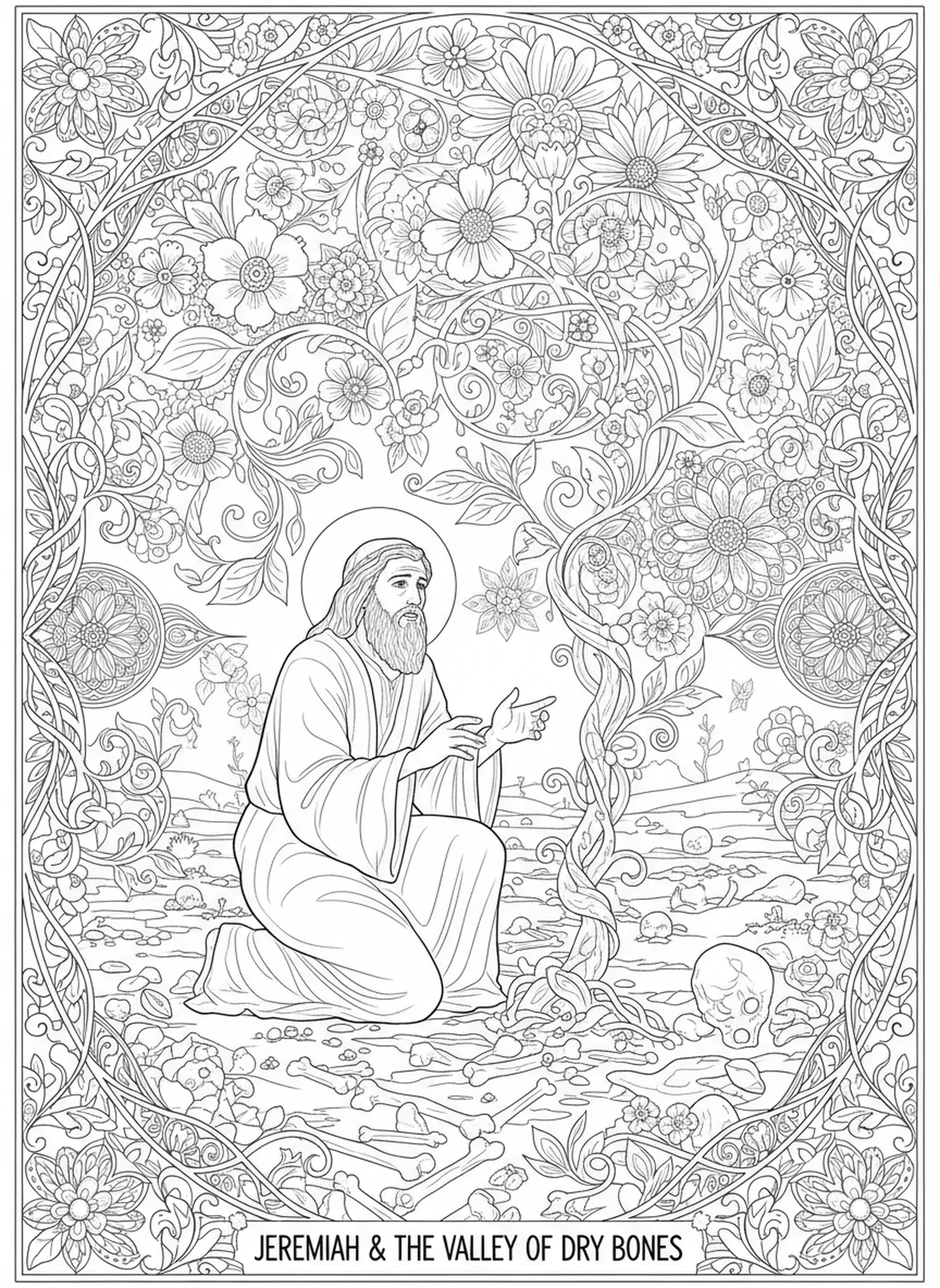 Visão dos ossos secos, página para colorir do Profeta Jeremias no estilo de journaling bíblico para adultos.