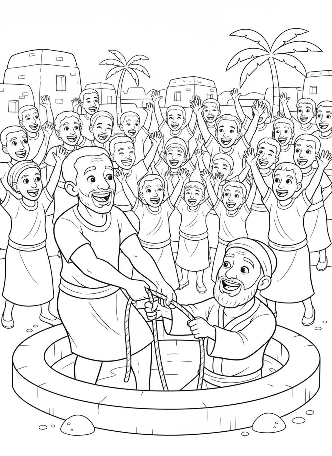 L'Éthiopien sauvant Jérémie, page à colorier du prophète Jérémie pour les enfants de 5 à 10 ans.