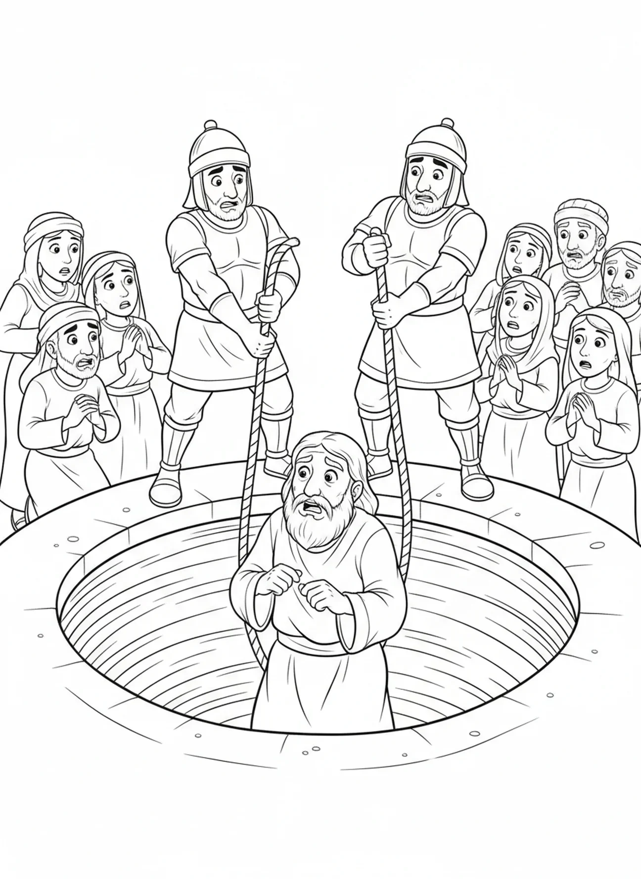 Jérémie dans une fosse, page à colorier du prophète Jérémie pour les enfants de 5 à 10 ans.