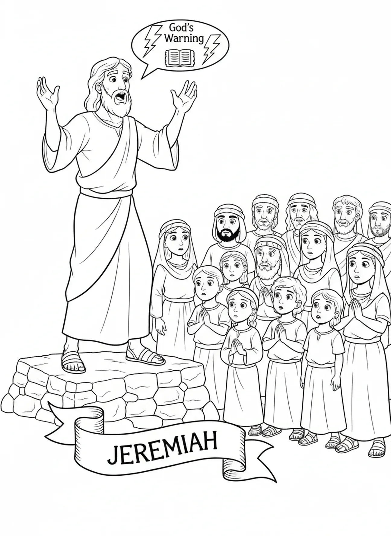 Jérémie avertissant les gens, page à colorier du prophète Jérémie pour les enfants de 5 à 10 ans.
