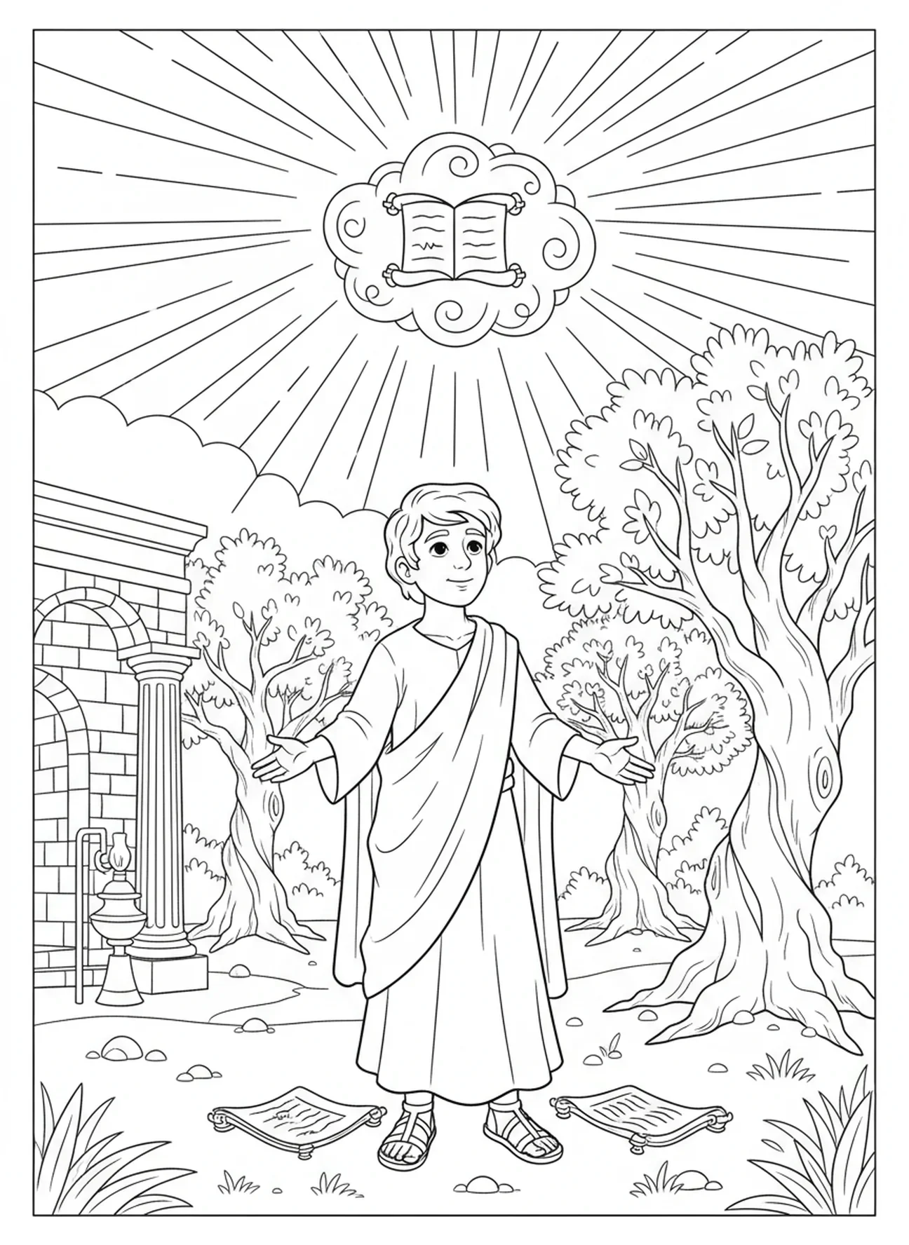 Gott spricht zu Jeremia, Ausmalbild für Kinder im Religionsunterricht im Alter von 5-12 Jahren.