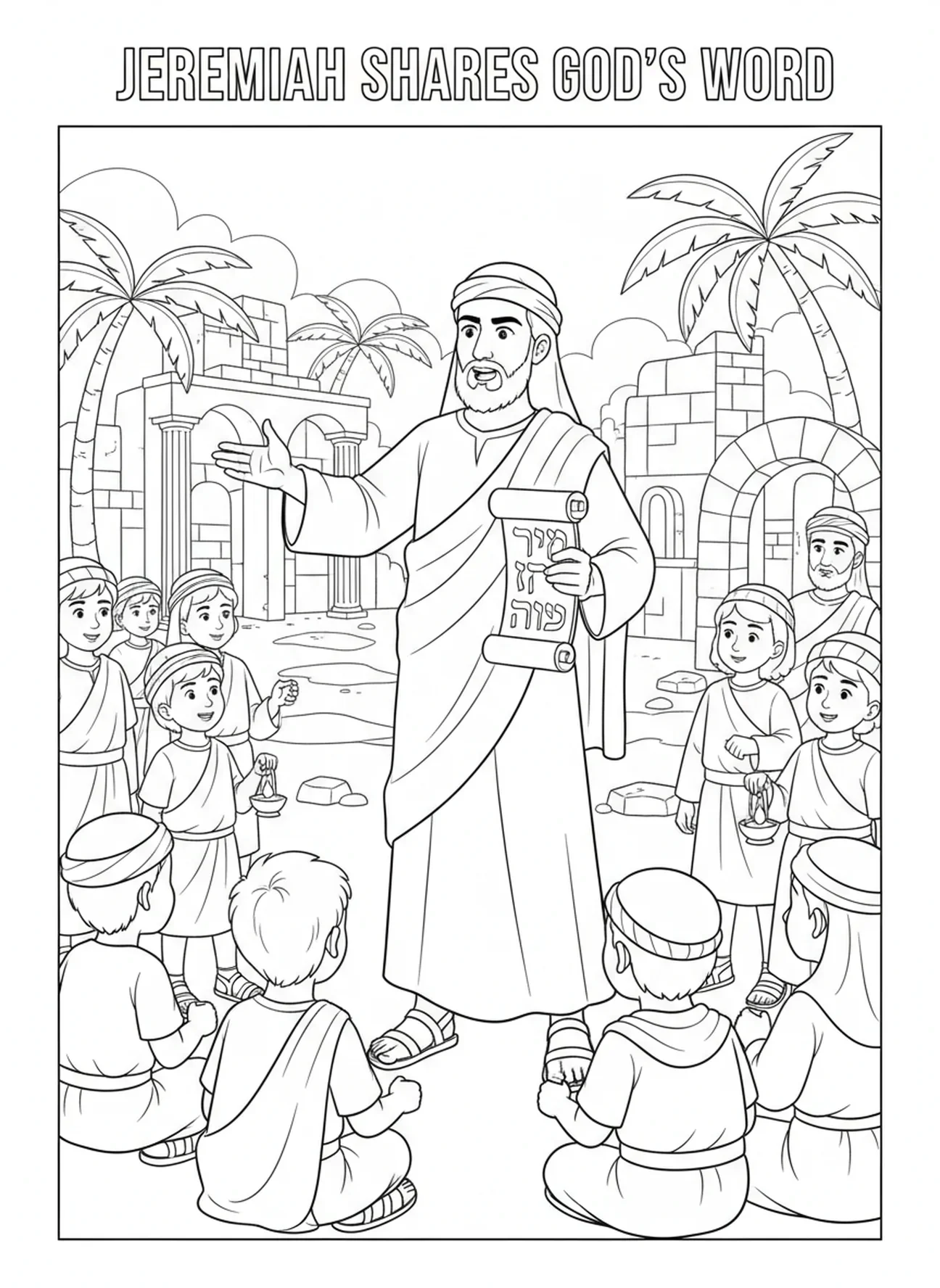 Jeremia überbringt die Botschaft, Ausmalbild des Propheten Jeremia für Kinder in der Sonntagsschule im Alter von 5-12 Jahren.