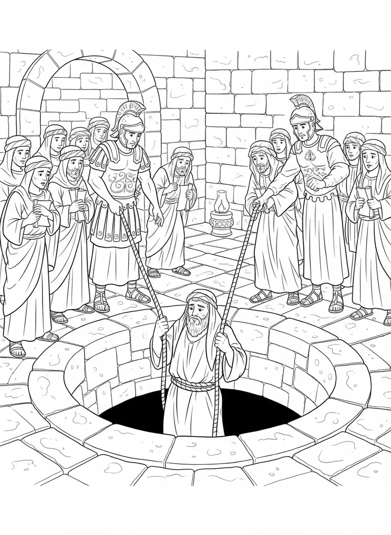 Jeremia in der Zisterne, Ausmalbild für Kinder im Religionsunterricht im Alter von 5-12 Jahren.