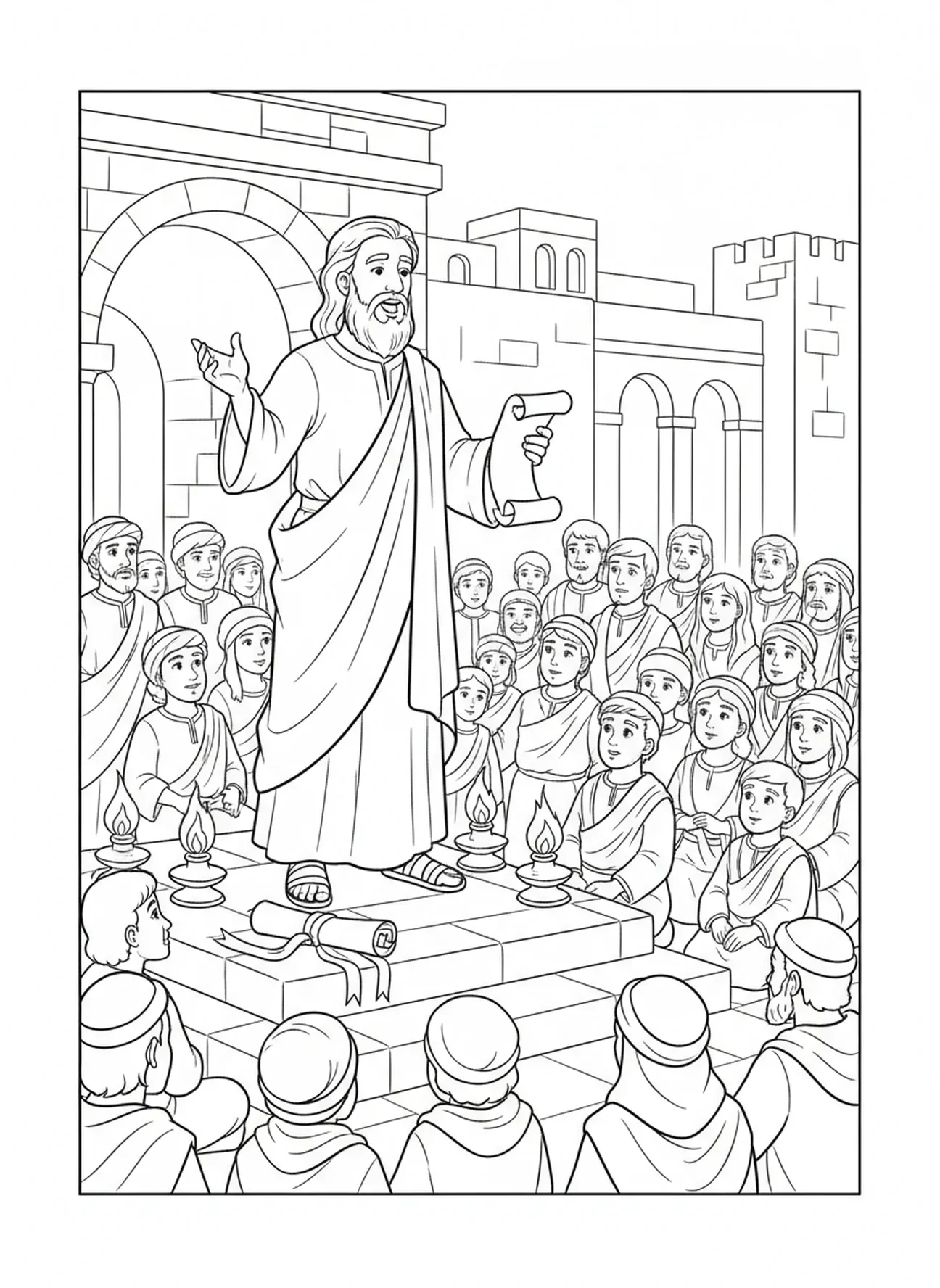 Jeremia, der den Menschen prophezeit, Ausmalbild für die Sonntagsschule für Kinder im Alter von 5-12 Jahren.