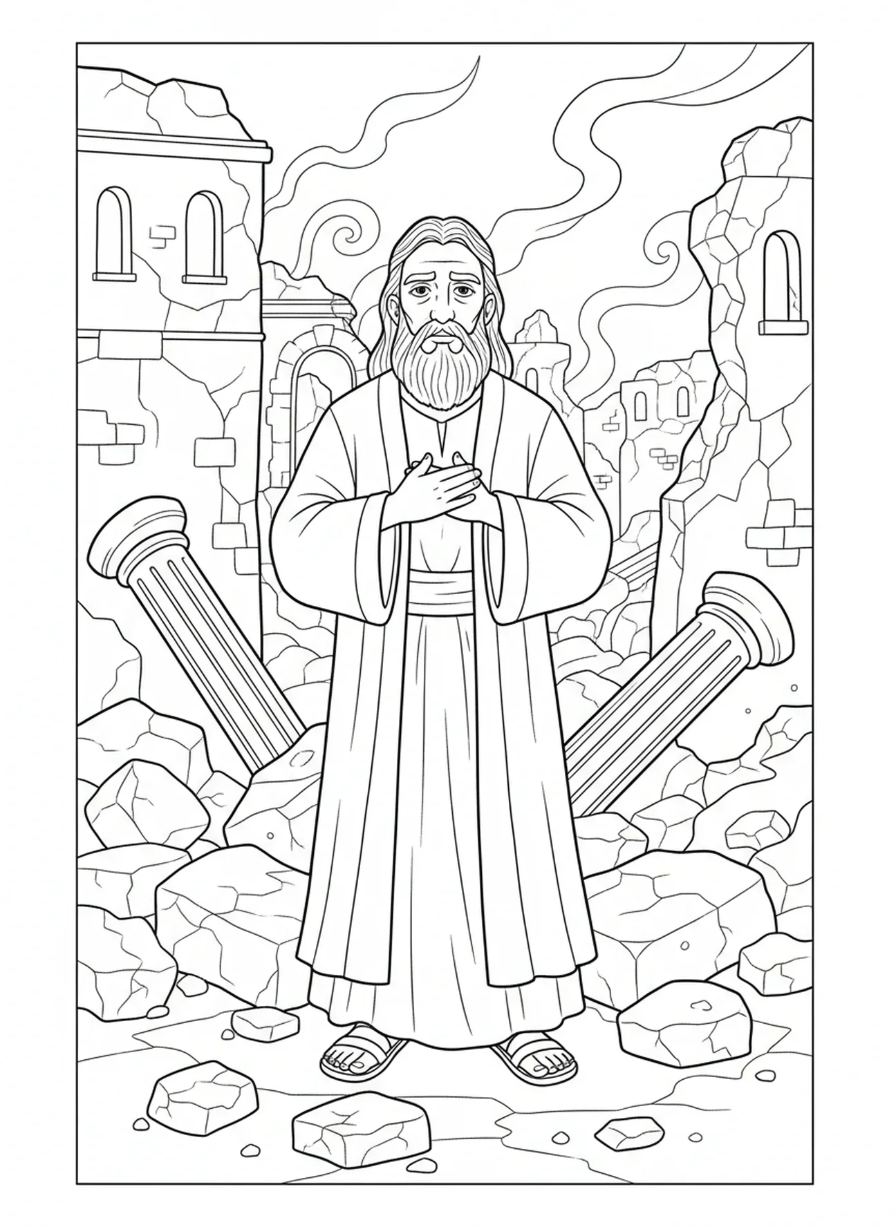 Jérémie au milieu des ruines, page à colorier Jérémie pour les enfants de 5 à 10 ans.