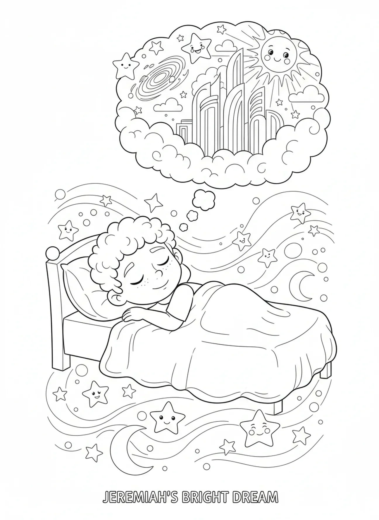Jérémie rêvant, page à colorier Jérémie pour les enfants de 5 à 10 ans.
