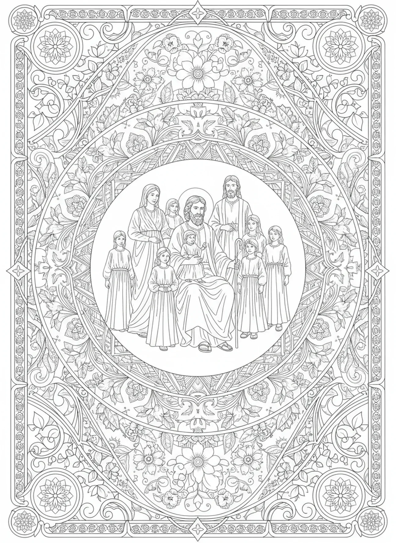 Job avec sa famille, page à colorier Job pour le style de journal biblique pour adultes.