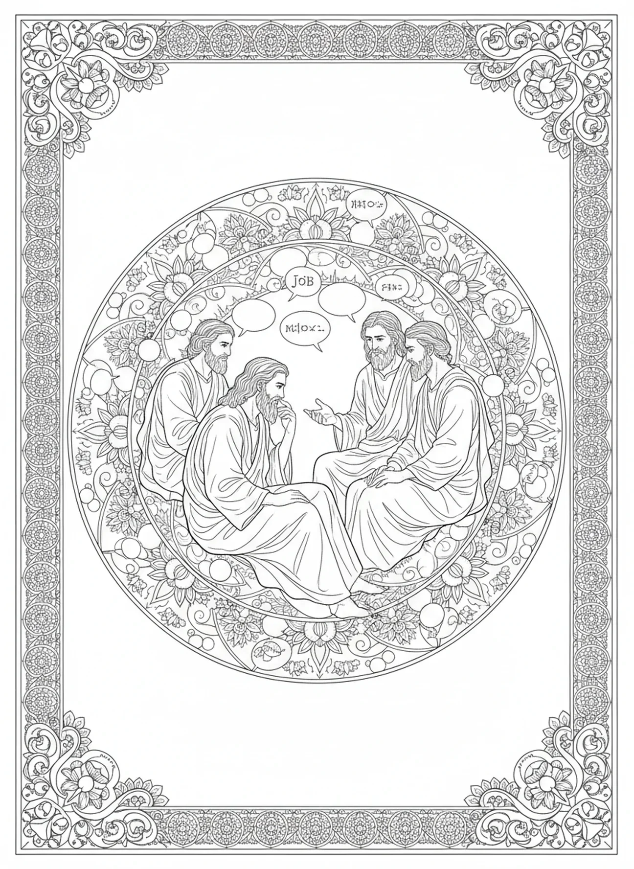 Job avec ses amis, page à colorier Job pour adultes dans un style de journal biblique.